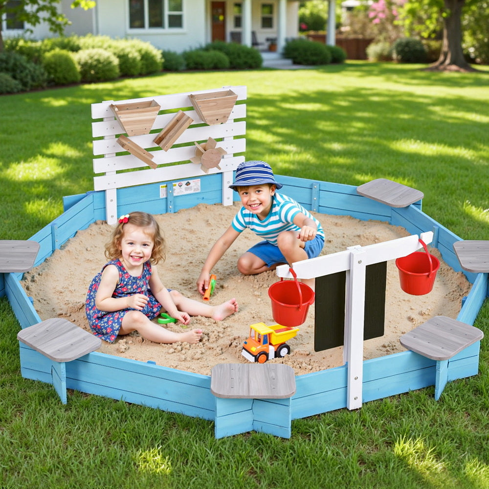 Keezi Kids Sandpit Wooden Round Sand Pit Funnel Bench Seat Beach Toys 215cm SAND-OCTA-FUNNEL