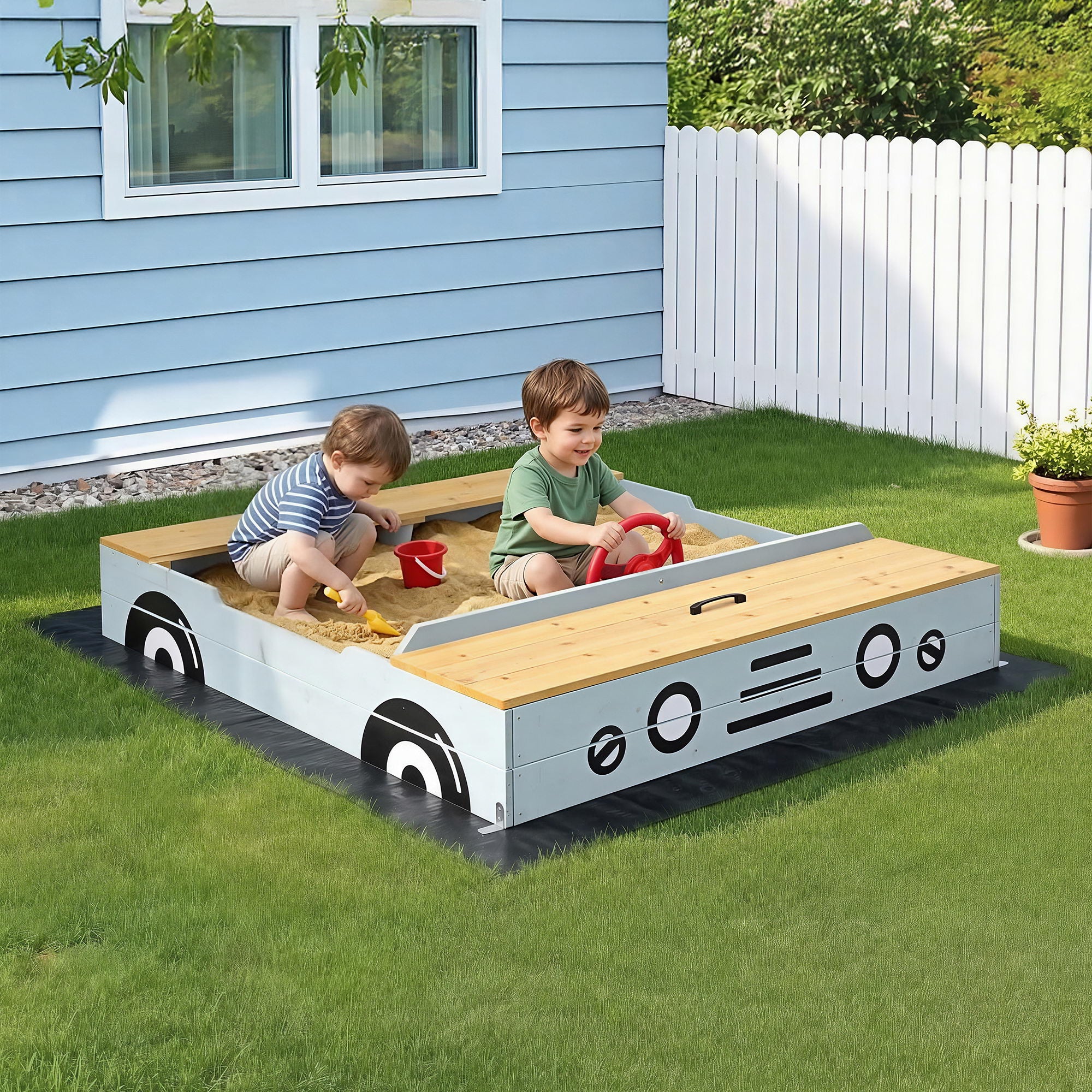 Keezi Wooden Car Sandpit Kids Sandbox Outdoor Play Toy w/ Storage Ground Sheet 120cm SAND-SQUARE-CAR-126
