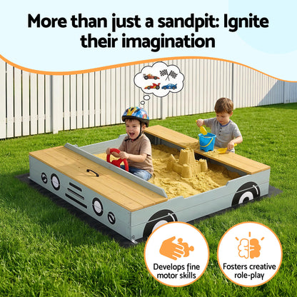 Keezi Wooden Car Sandpit Kids Sandbox Outdoor Play Toy w/ Storage Ground Sheet 120cm SAND-SQUARE-CAR-126