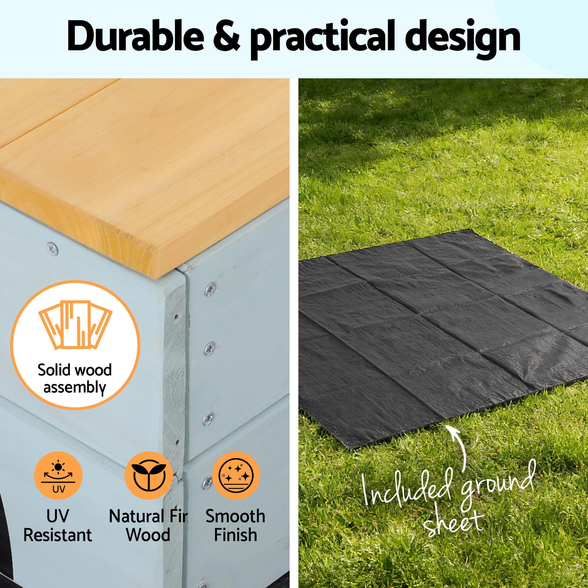 Keezi Wooden Car Sandpit Kids Sandbox Outdoor Play Toy w/ Storage Ground Sheet 120cm SAND-SQUARE-CAR-126