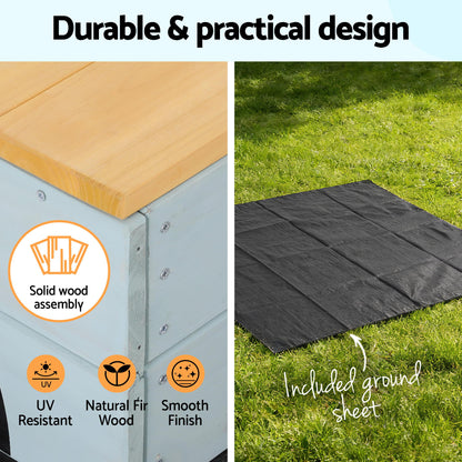 Keezi Wooden Car Sandpit Kids Sandbox Outdoor Play Toy w/ Storage Ground Sheet 120cm SAND-SQUARE-CAR-126