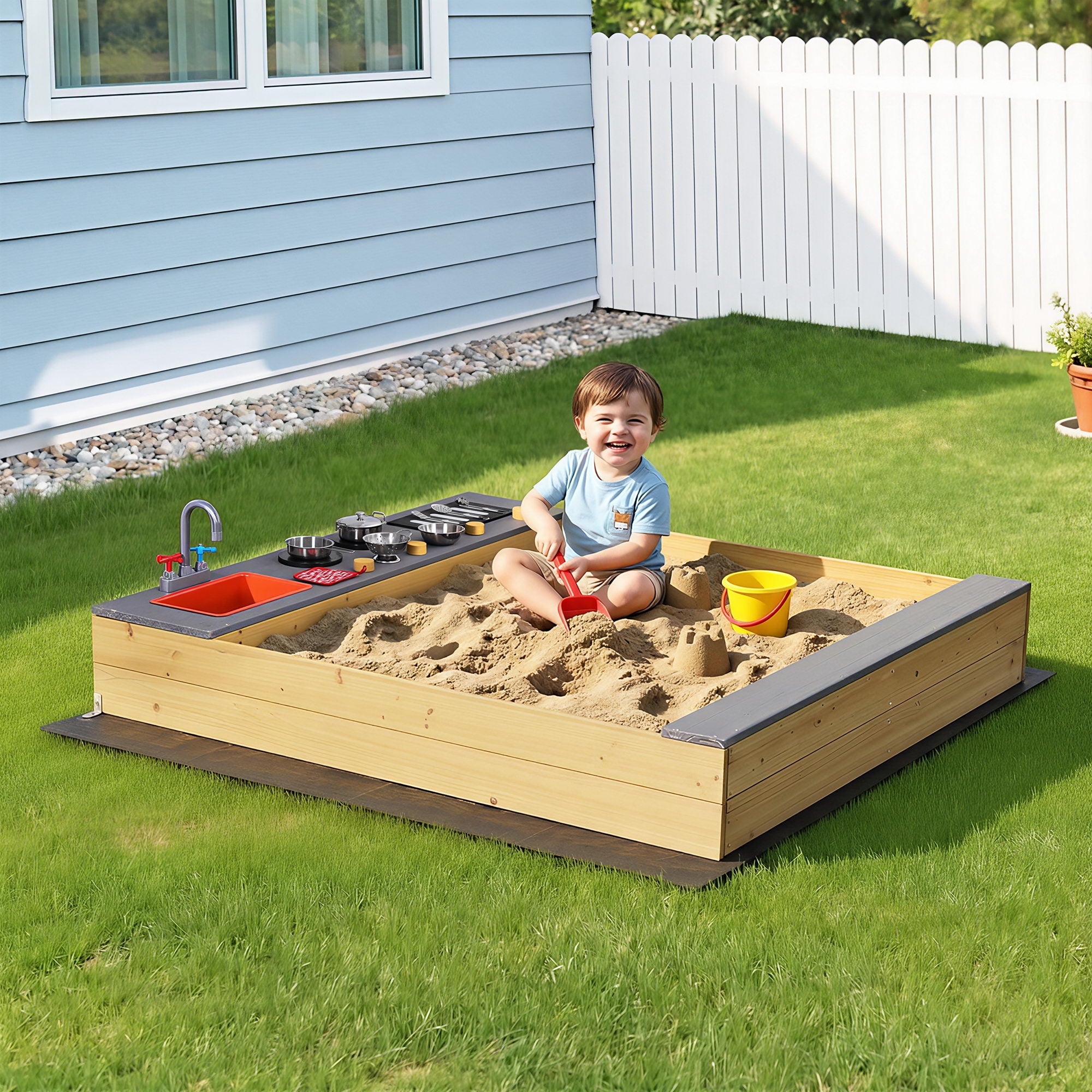 Keezi Wooden Sandpit Sand Pit Outdoor Kids Toy Box Mud Kitchen Sink Storage Bench SAND-SQUARE-SINK-146