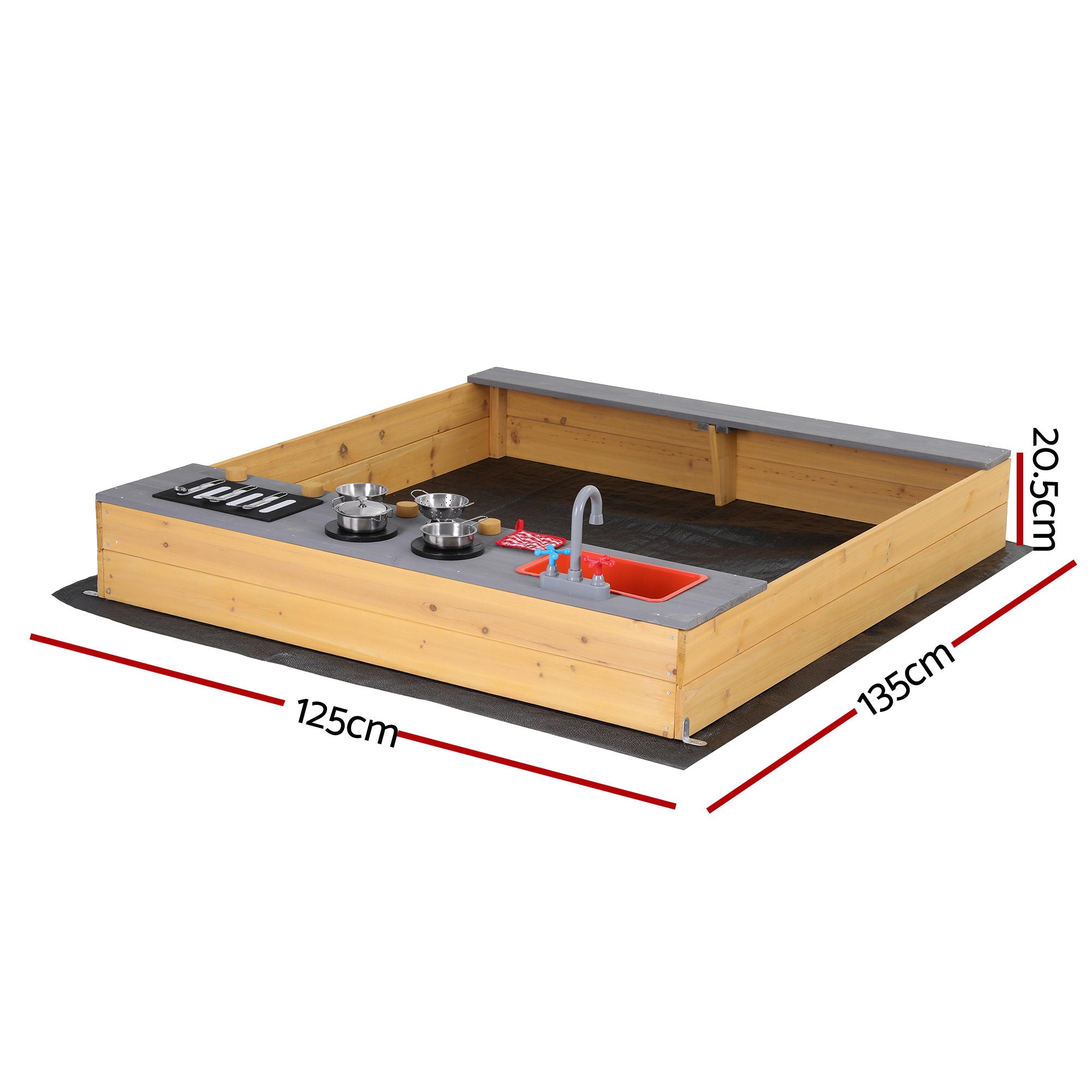 Keezi Wooden Sandpit Sand Pit Outdoor Kids Toy Box Mud Kitchen Sink Storage Bench SAND-SQUARE-SINK-146