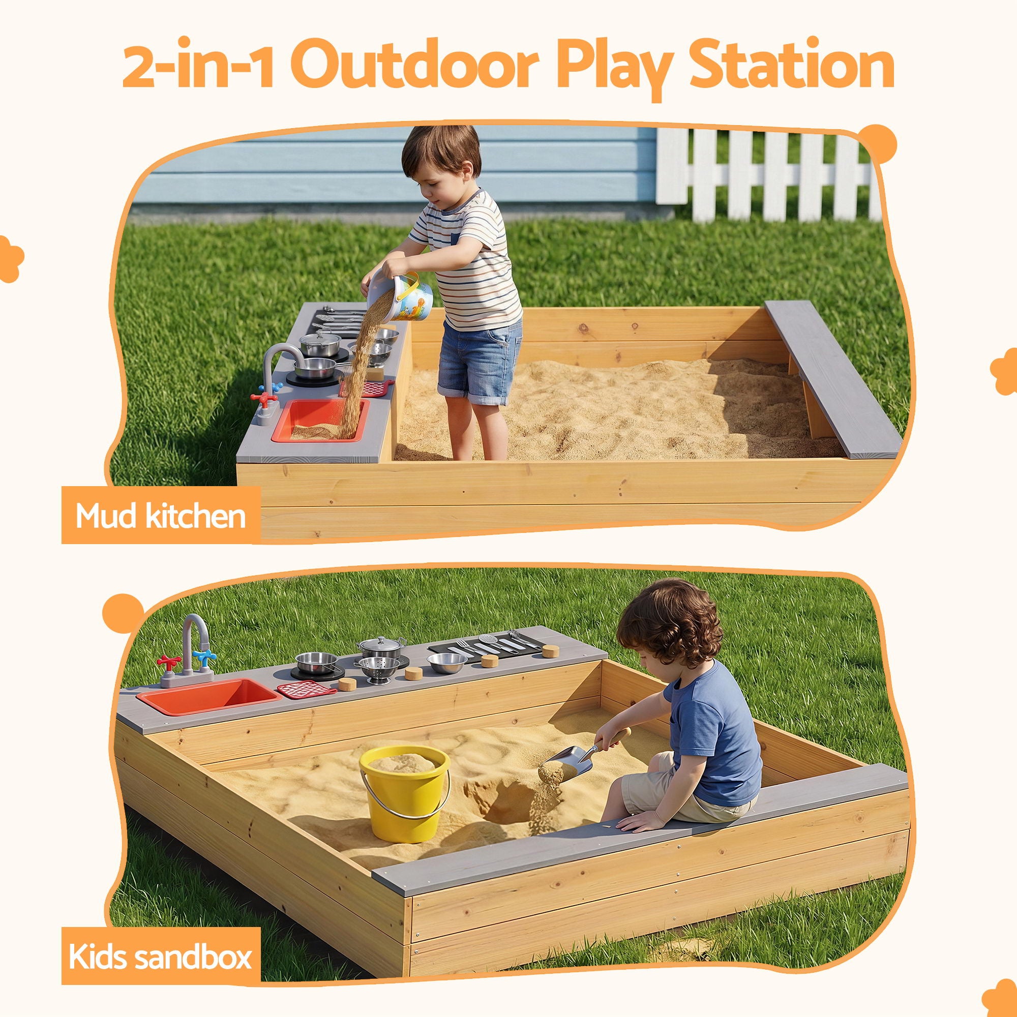 Keezi Wooden Sandpit Sand Pit Outdoor Kids Toy Box Mud Kitchen Sink Storage Bench SAND-SQUARE-SINK-146