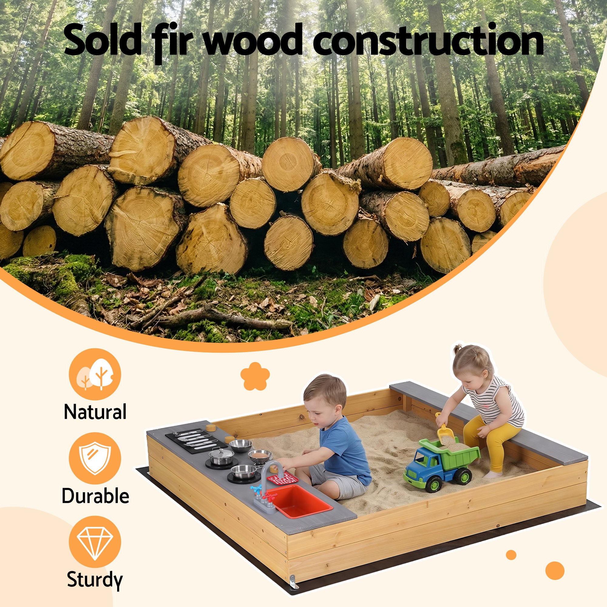 Keezi Wooden Sandpit Sand Pit Outdoor Kids Toy Box Mud Kitchen Sink Storage Bench SAND-SQUARE-SINK-146
