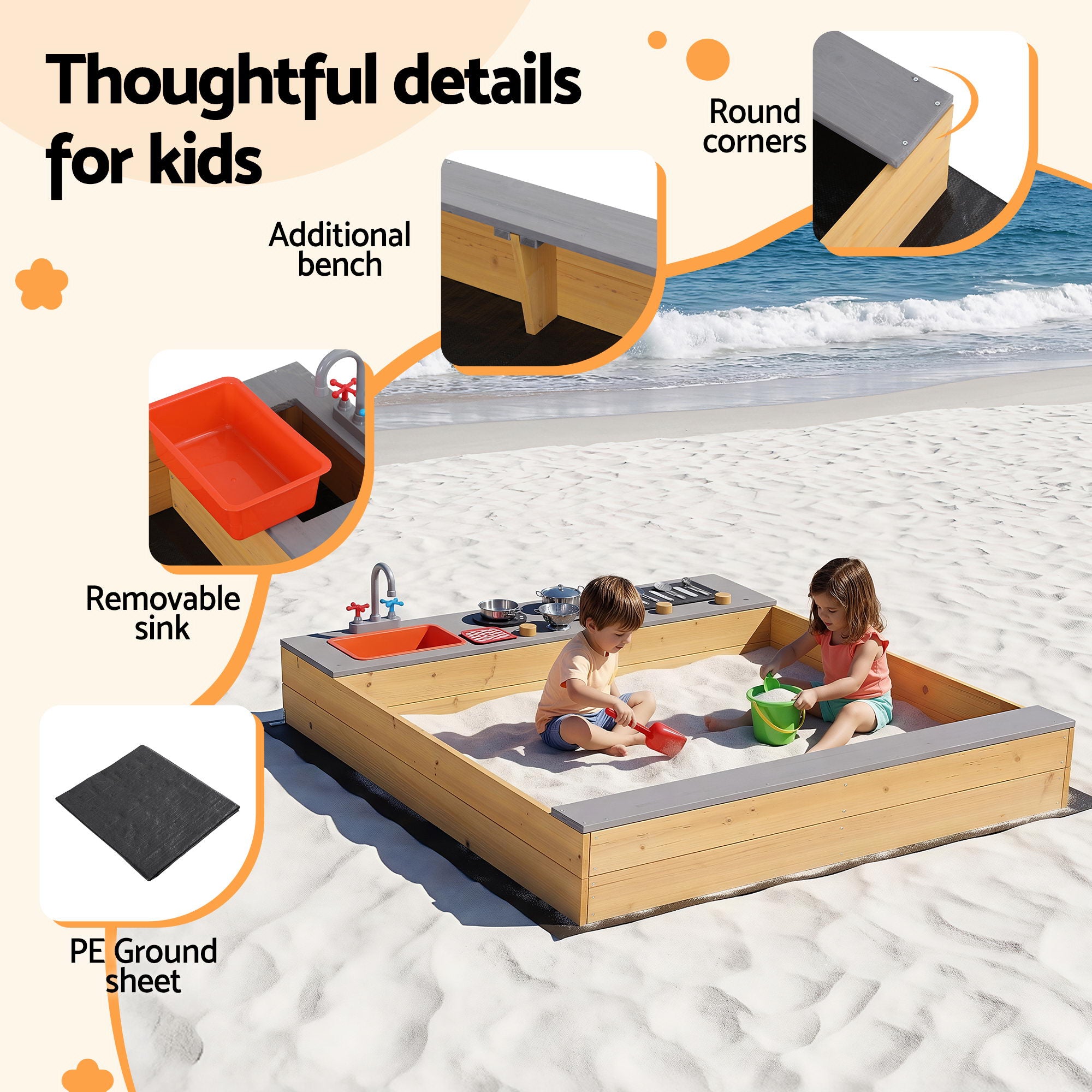 Keezi Wooden Sandpit Sand Pit Outdoor Kids Toy Box Mud Kitchen Sink Storage Bench SAND-SQUARE-SINK-146