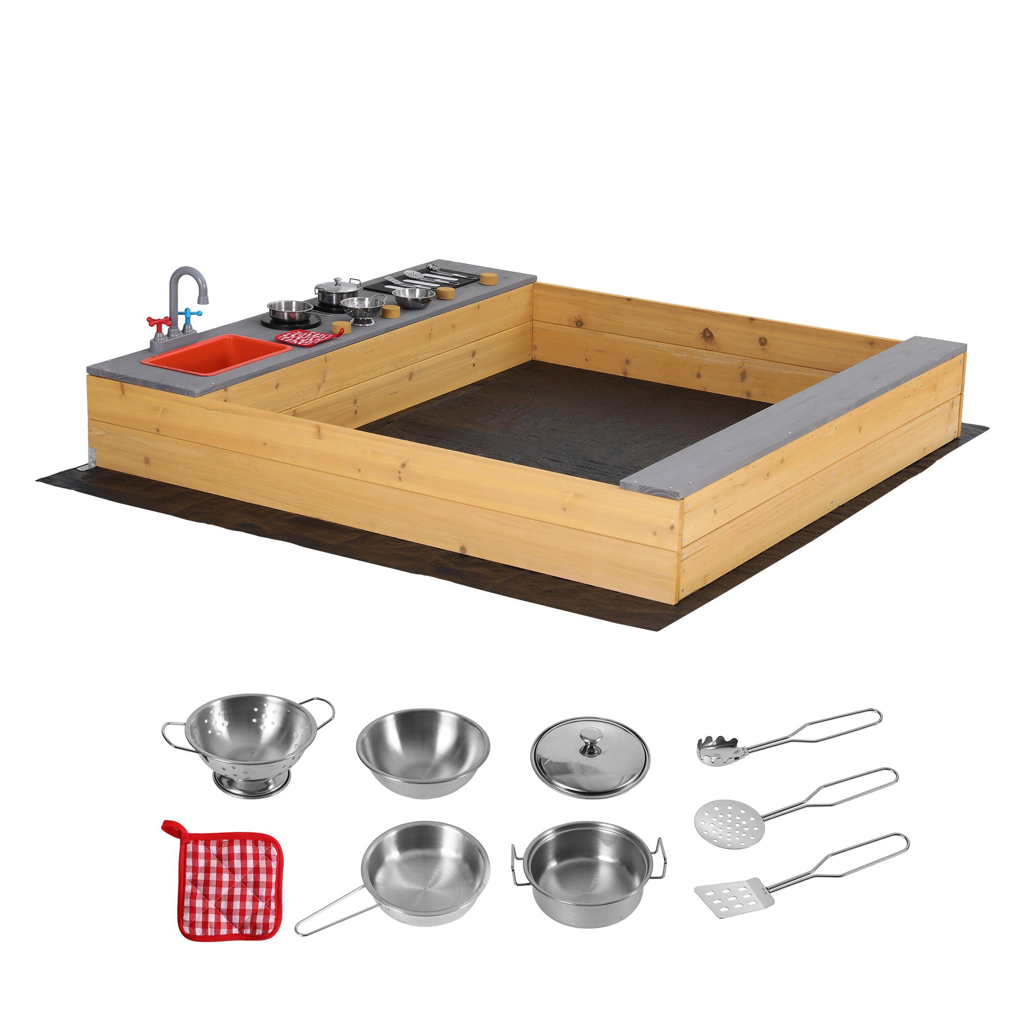 Keezi Wooden Sandpit Sand Pit Outdoor Kids Toy Box Mud Kitchen Sink Storage Bench SAND-SQUARE-SINK-146