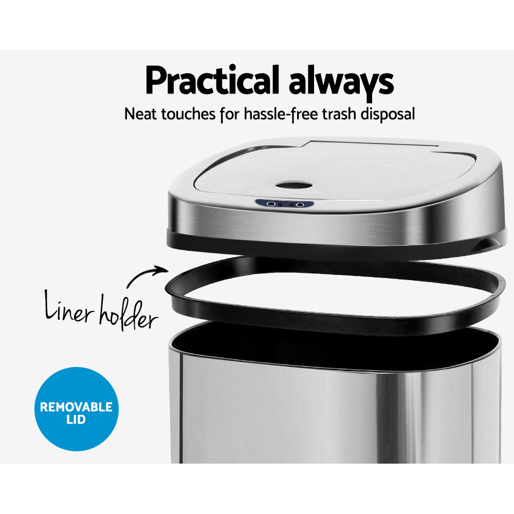 Devanti 50L Motion Sensor Bin Rubbish Automatic Silver SB-50L-S02-A