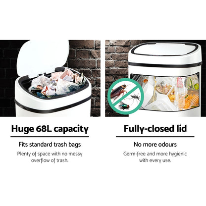 Devanti 68L Motion Sensor Bin Rubbish Automatic White SB-68L-S06-WH