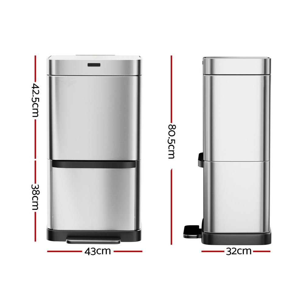 Devanti 70L Motion Sensor Bin Pedal Bins Automatic Siver SB-70L-S20-A