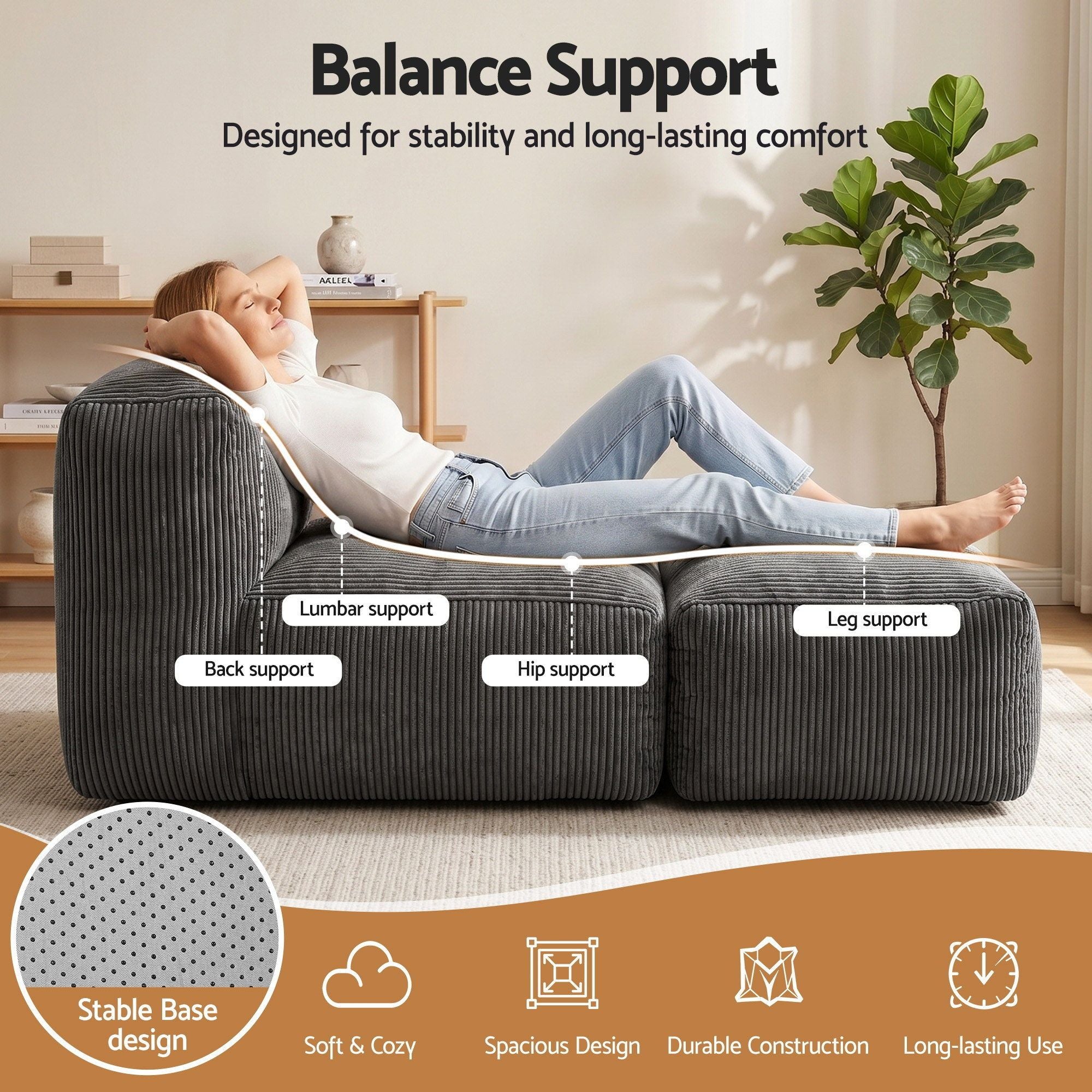 Artiss Foldable Bean Bag Sofa Bed Cloud Couch Boneless Floor Lounger Chair Grey SB-B-COMP-BBC-GY