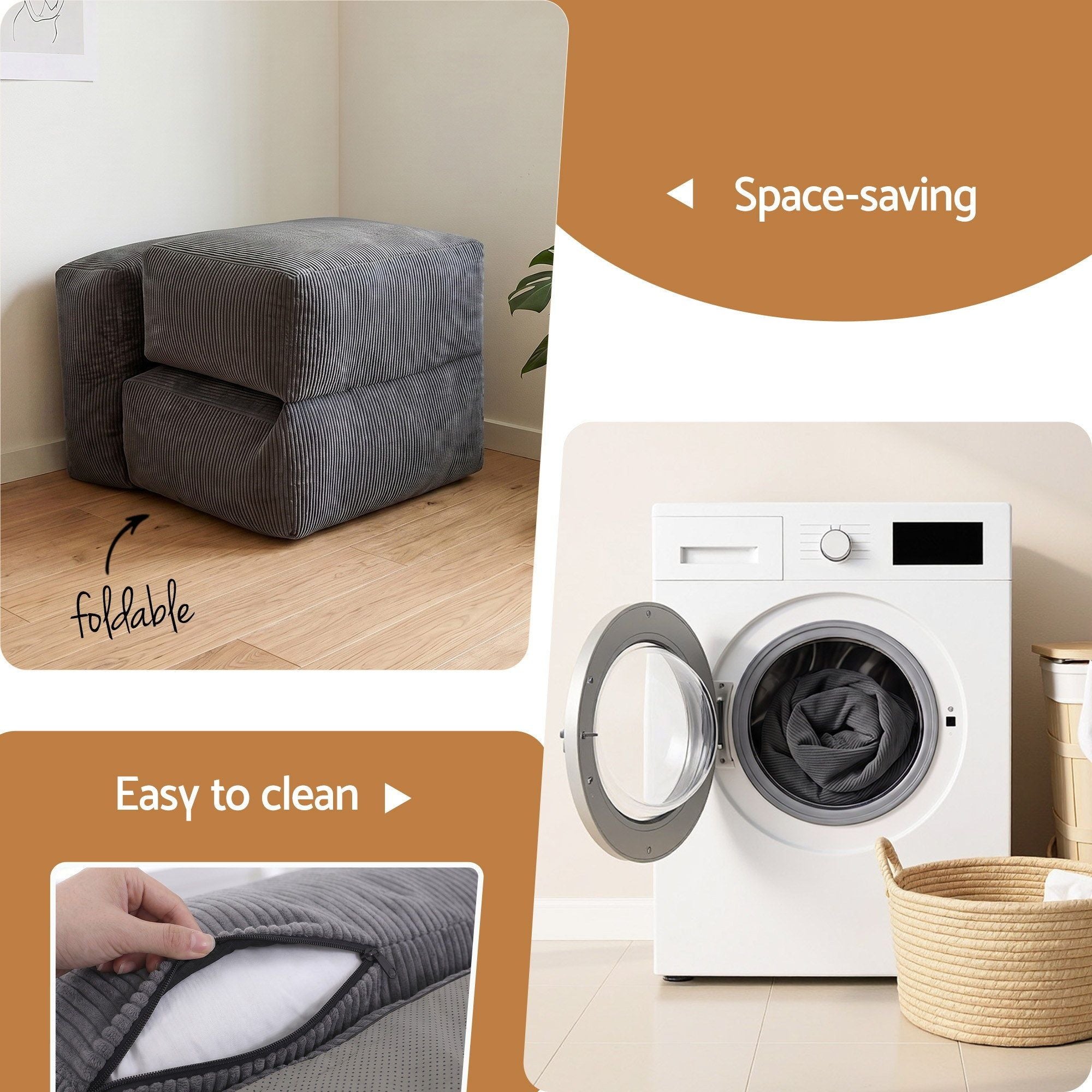 Artiss Foldable Bean Bag Sofa Bed Cloud Couch Boneless Floor Lounger Chair Grey SB-B-COMP-BBC-GY