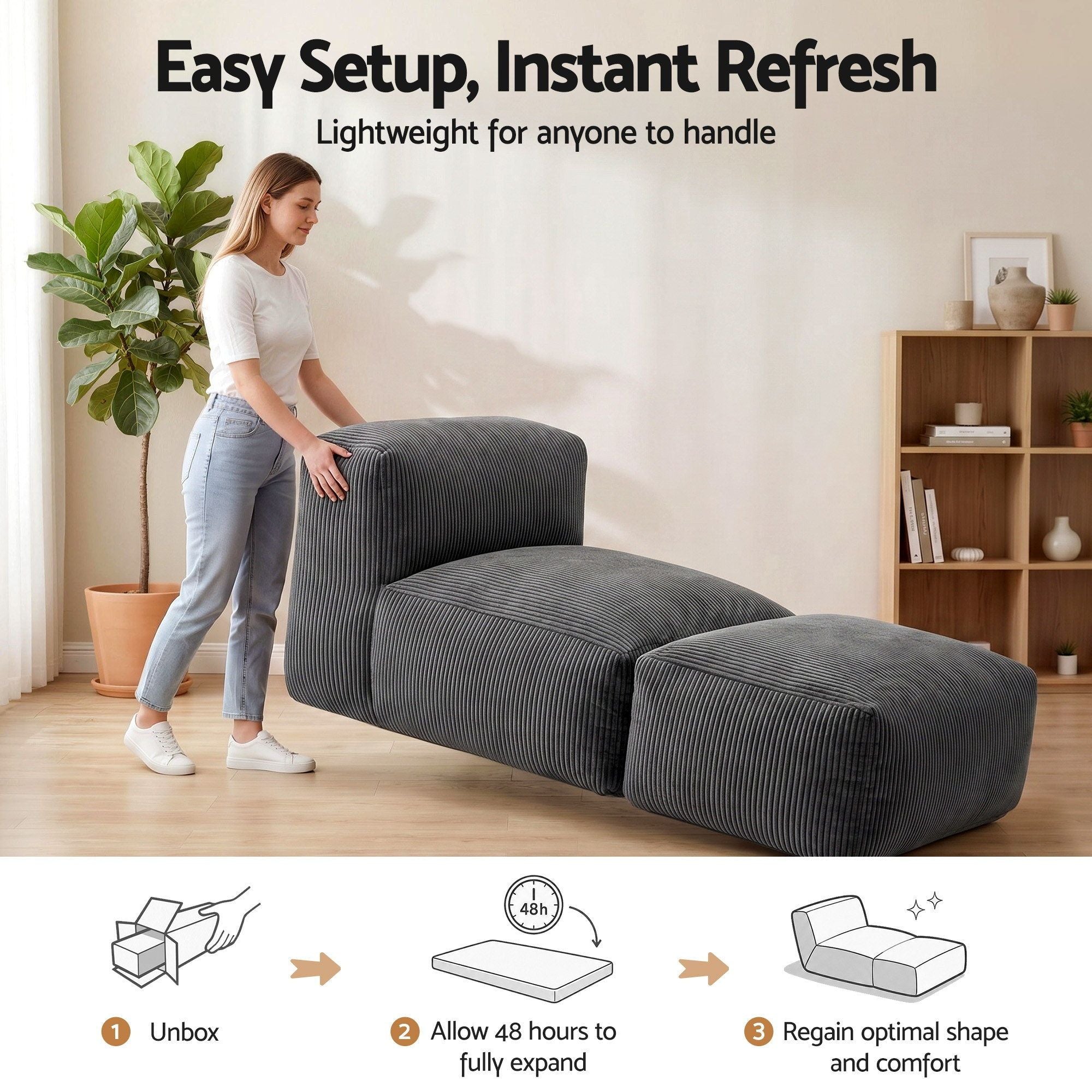 Artiss Foldable Bean Bag Sofa Bed Cloud Couch Boneless Floor Lounger Chair Grey SB-B-COMP-BBC-GY