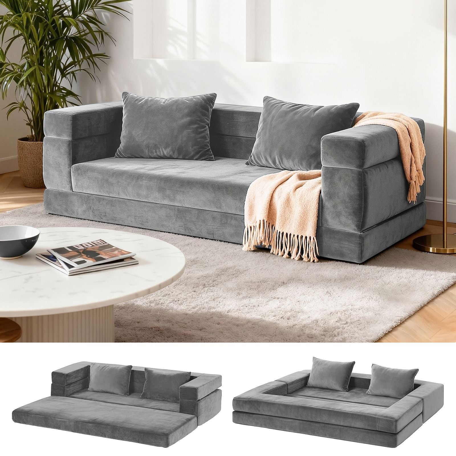 Artiss Convertible Folding Sofa Bed Pull Out Mattress Foldable Lounge Couch Grey SB-B-COMP-DBED-GY