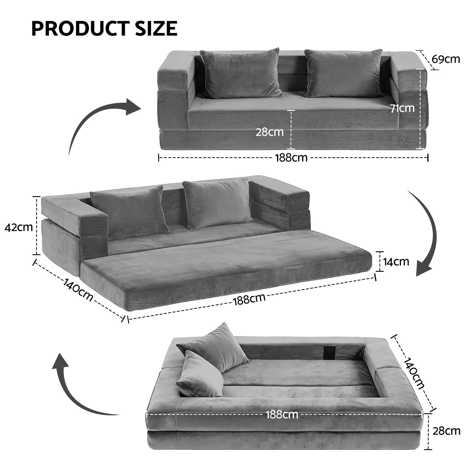 Artiss Convertible Folding Sofa Bed Pull Out Mattress Foldable Lounge Couch Grey SB-B-COMP-DBED-GY