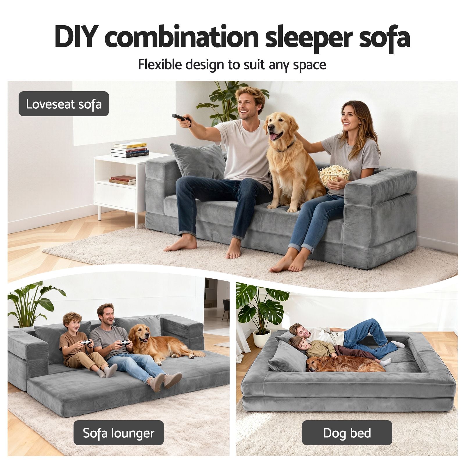 Artiss Convertible Folding Sofa Bed Pull Out Mattress Foldable Lounge Couch Grey SB-B-COMP-DBED-GY