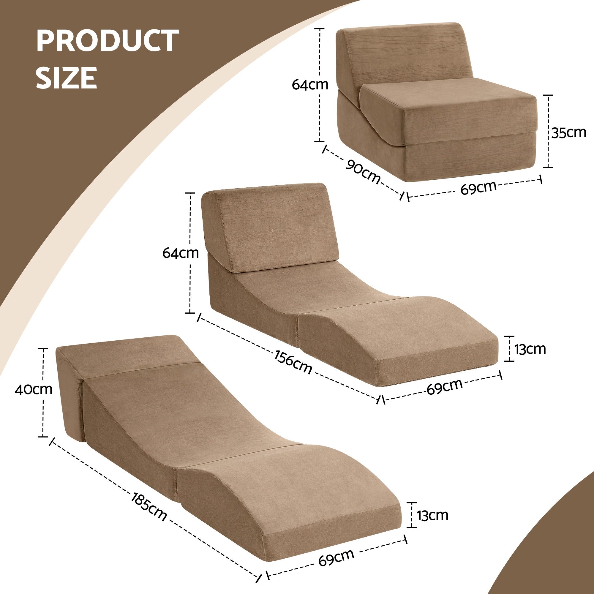 Artiss Folding Sofa Bed Convertible Armless Foam Floor Futon Lounger Couch Brown SB-B-FOLD-BR