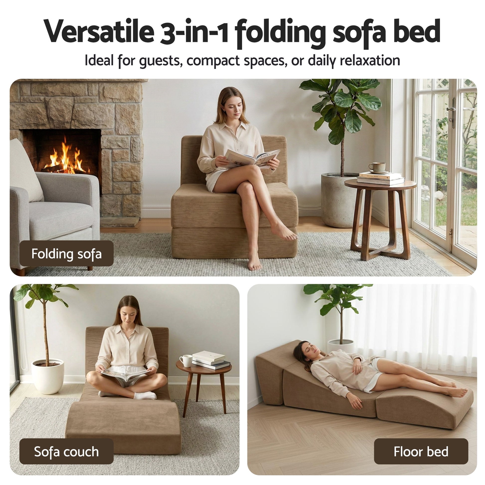 Artiss Folding Sofa Bed Convertible Armless Foam Floor Futon Lounger Couch Brown SB-B-FOLD-BR