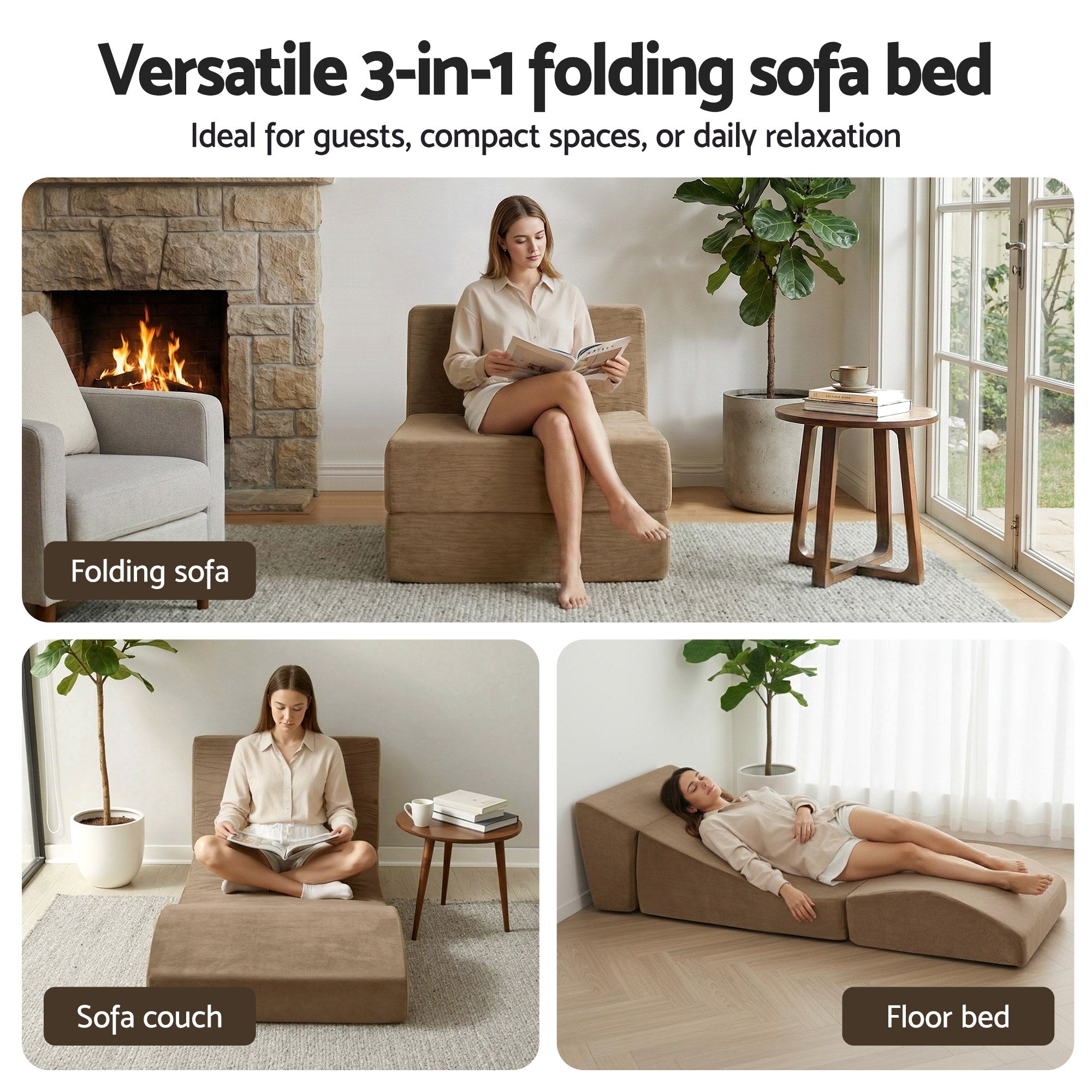 Artiss Folding Sofa Bed Convertible Armless Foam Floor Futon Lounger Couch Brown SB-B-FOLD-BR