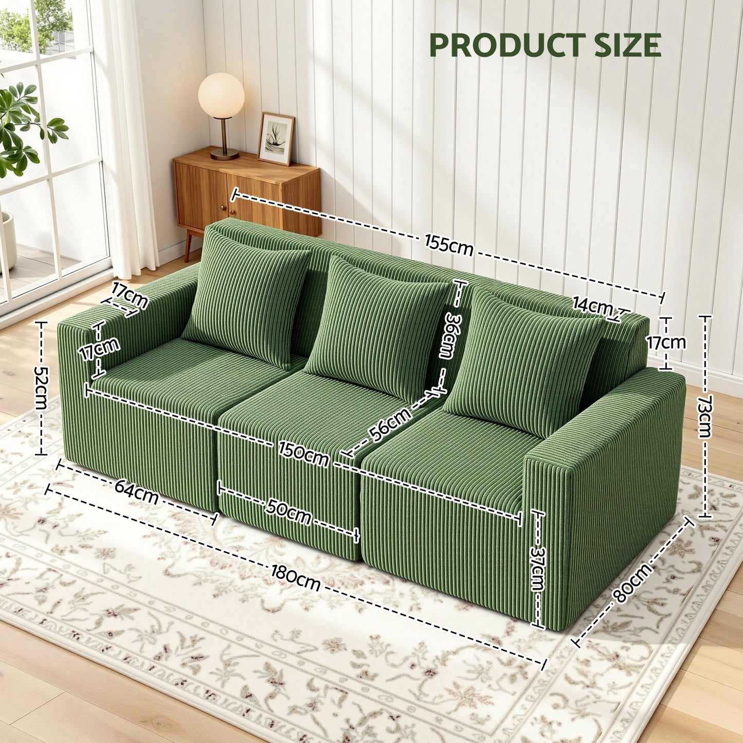 Artiss Modular 3-Seater Sofa Bed Convertible Sectional Floor Couch with Deep Seat SB-B-SOFA-3SEAT-GN