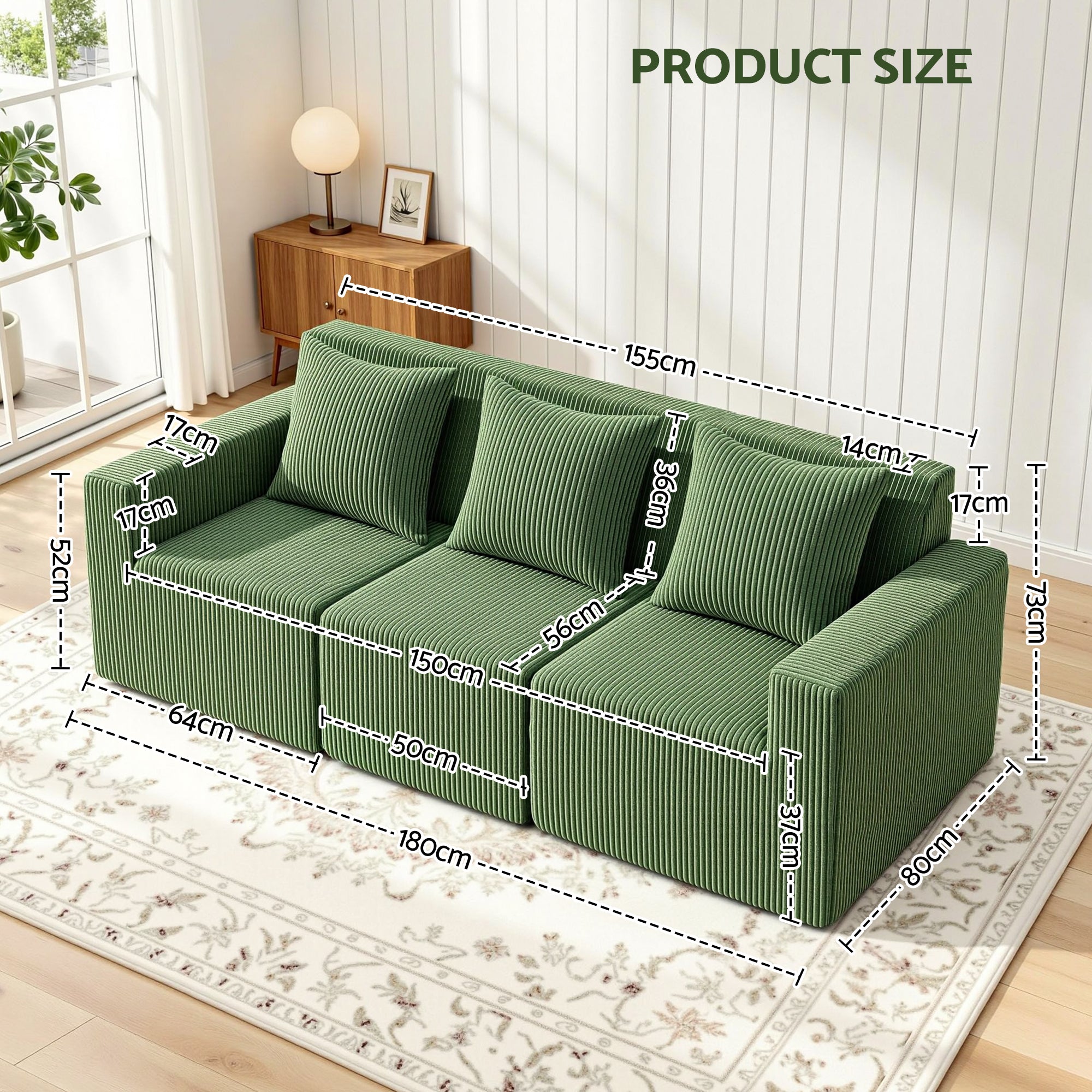 Artiss Modular 3-Seater Sofa Bed Convertible Sectional Floor Couch with Deep Seat SB-B-SOFA-3SEAT-GN