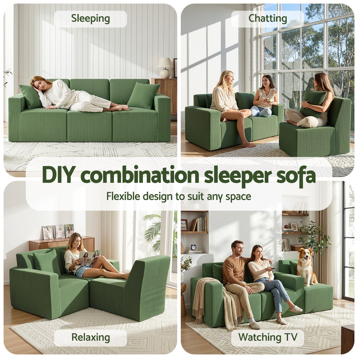 Artiss Modular 3-Seater Sofa Bed Convertible Sectional Floor Couch with Deep Seat SB-B-SOFA-3SEAT-GN