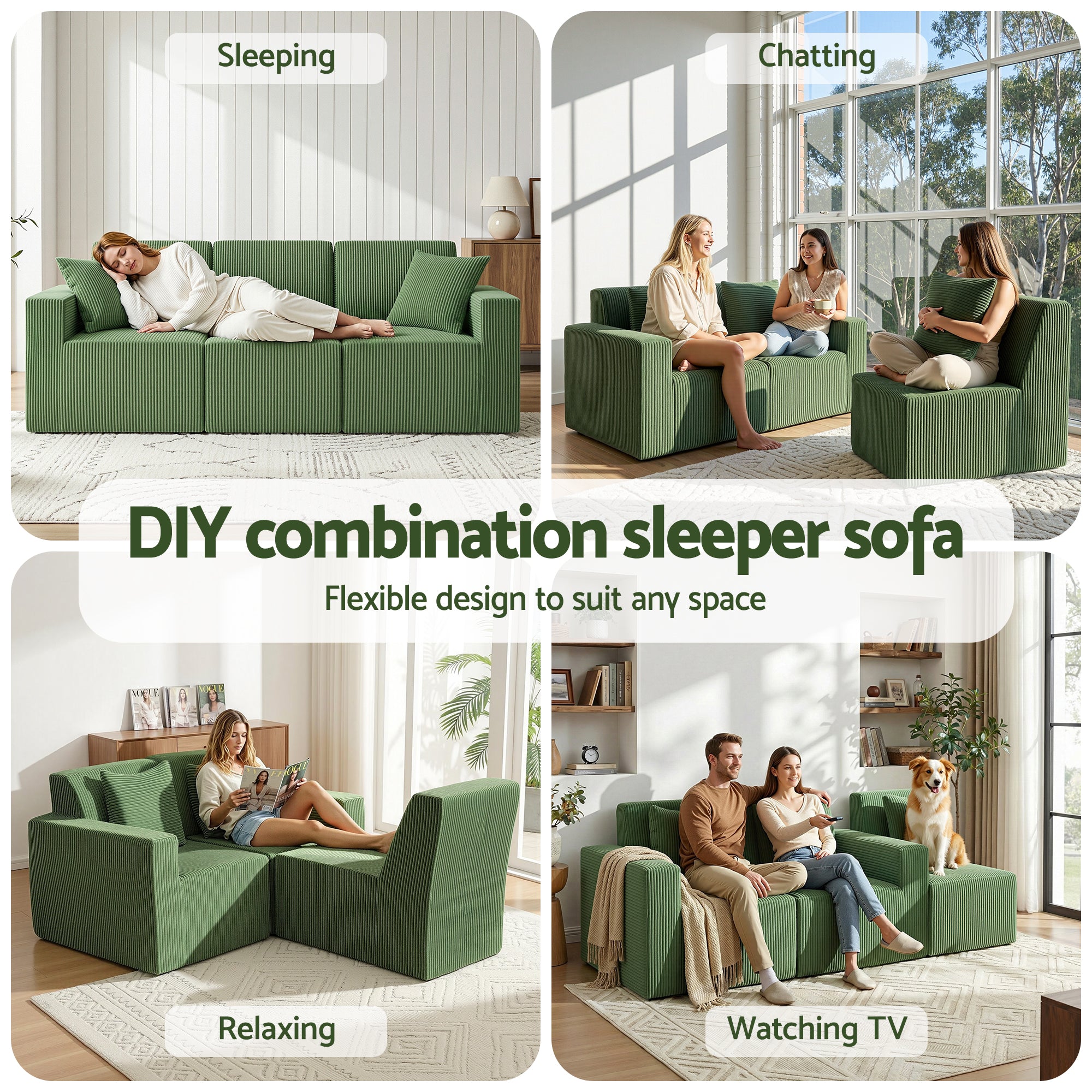 Artiss Modular 3-Seater Sofa Bed Convertible Sectional Floor Couch with Deep Seat SB-B-SOFA-3SEAT-GN
