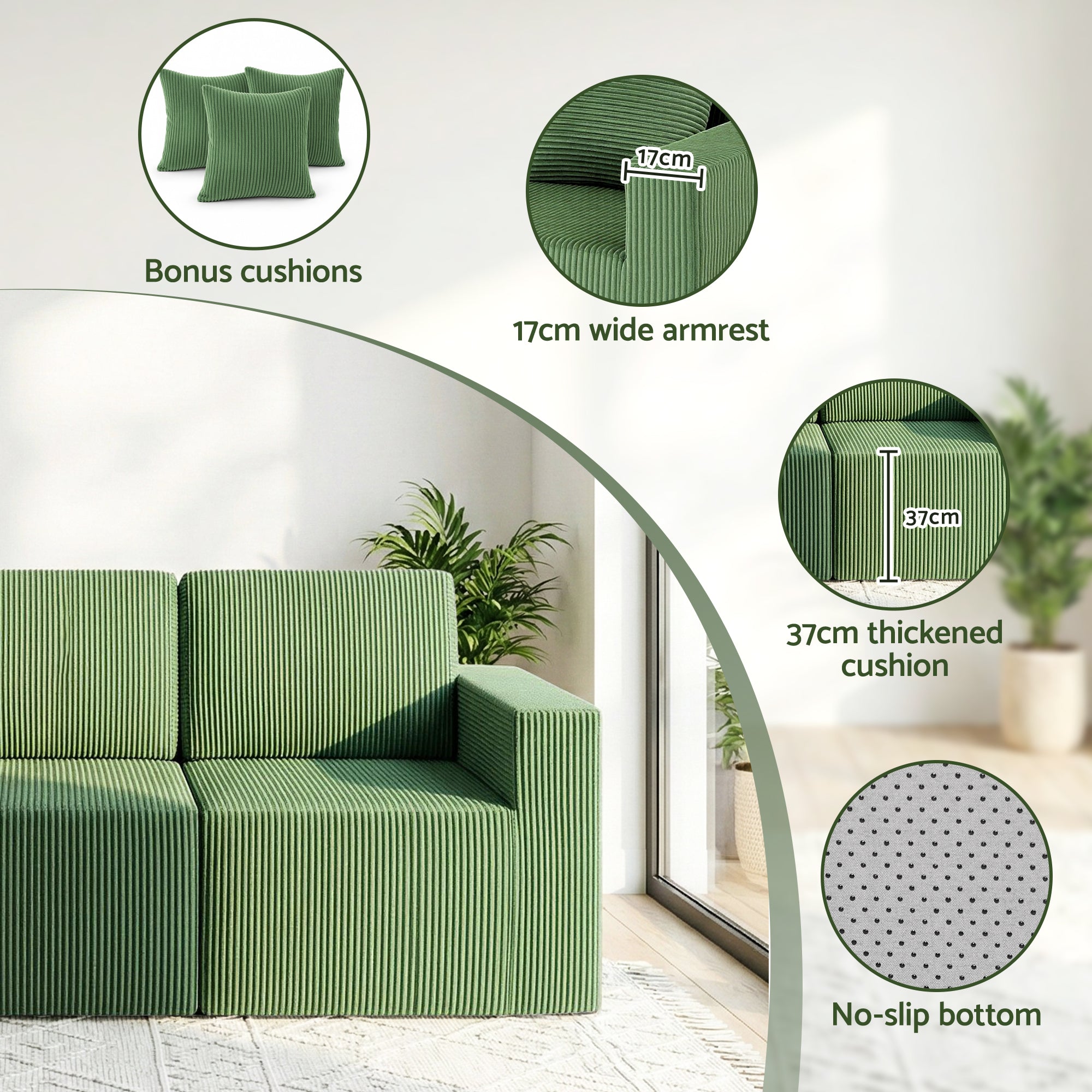 Artiss Modular 3-Seater Sofa Bed Convertible Sectional Floor Couch with Deep Seat SB-B-SOFA-3SEAT-GN