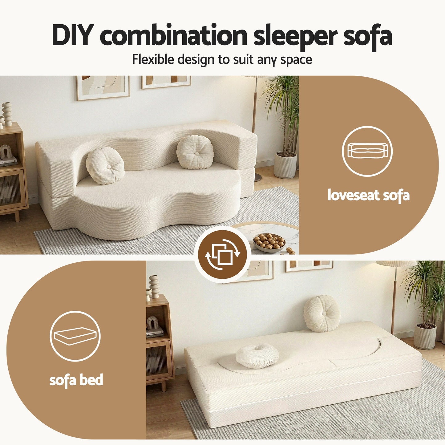 Artiss Folding Sofa Bed Floor Couch 2-in-1 Convertible Futon Loveseat Beige SB-B-SOFA-FD-BG