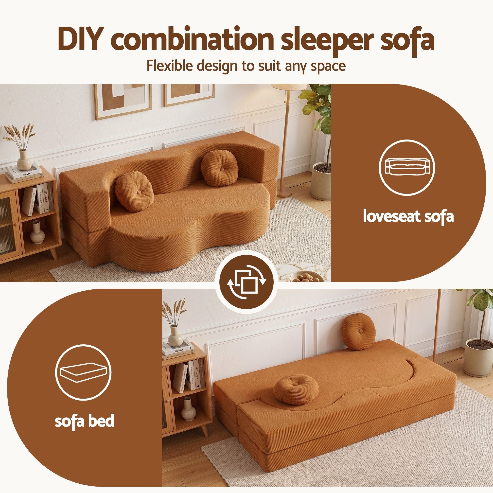 Artiss Folding Sofa Bed Floor Couch 2-in-1 Convertible Futon Loveseat Orange