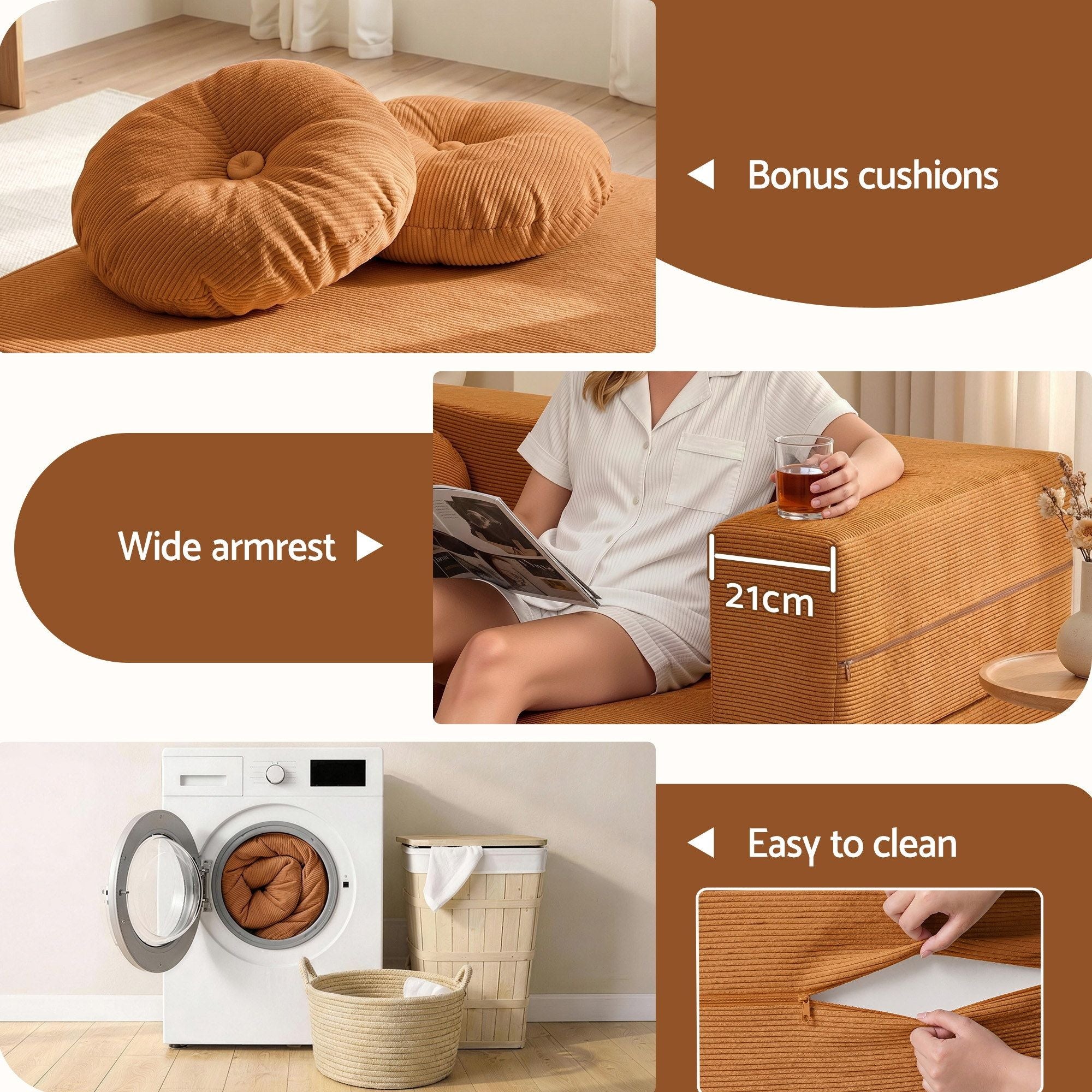 Artiss Folding Sofa Bed Floor Couch 2-in-1 Convertible Futon Loveseat Orange