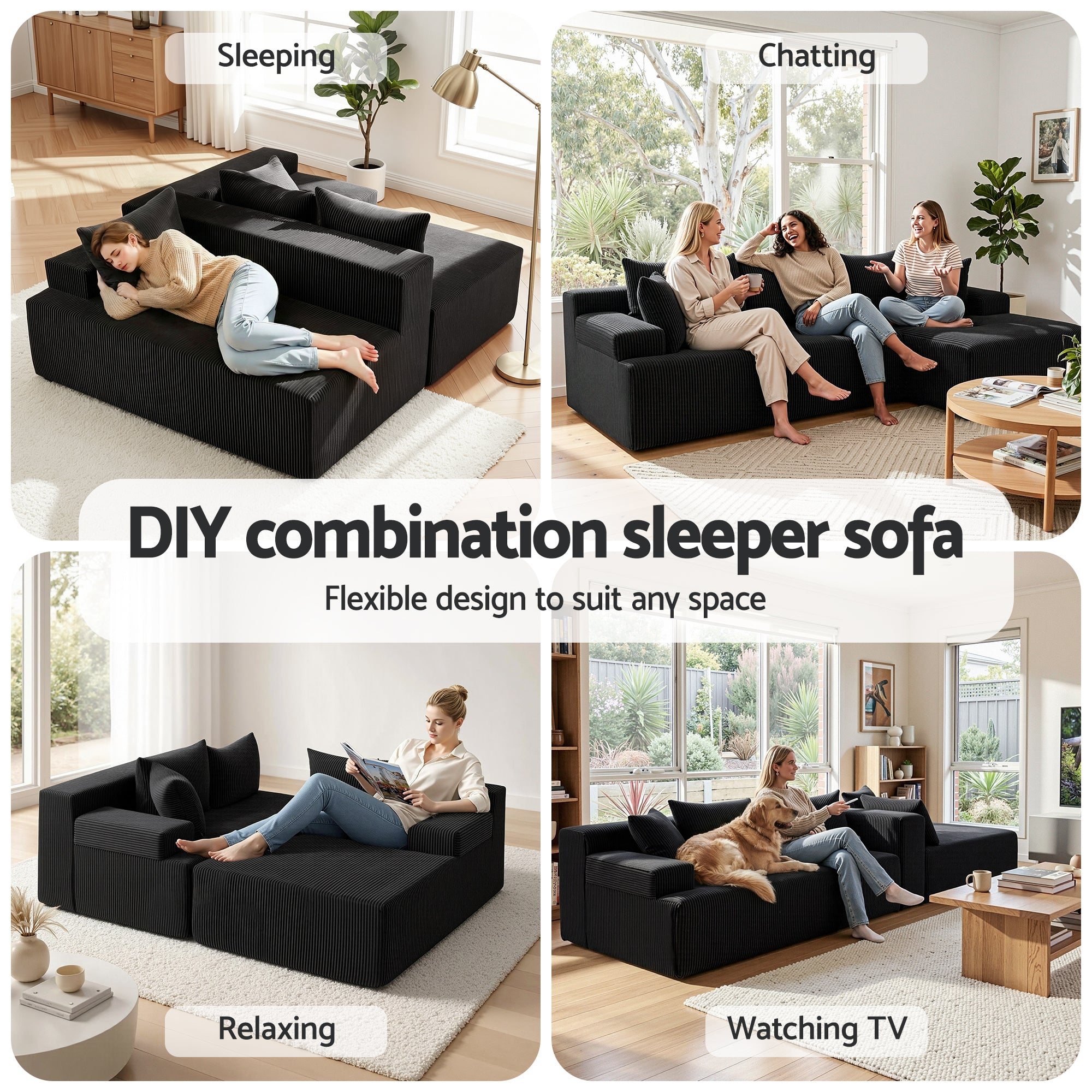 Artiss Modular Sectional Sofa Bed Convertible L-Shaped Couch with Deep Seat for Living Room SB-B-SOFA-L-BK-AB