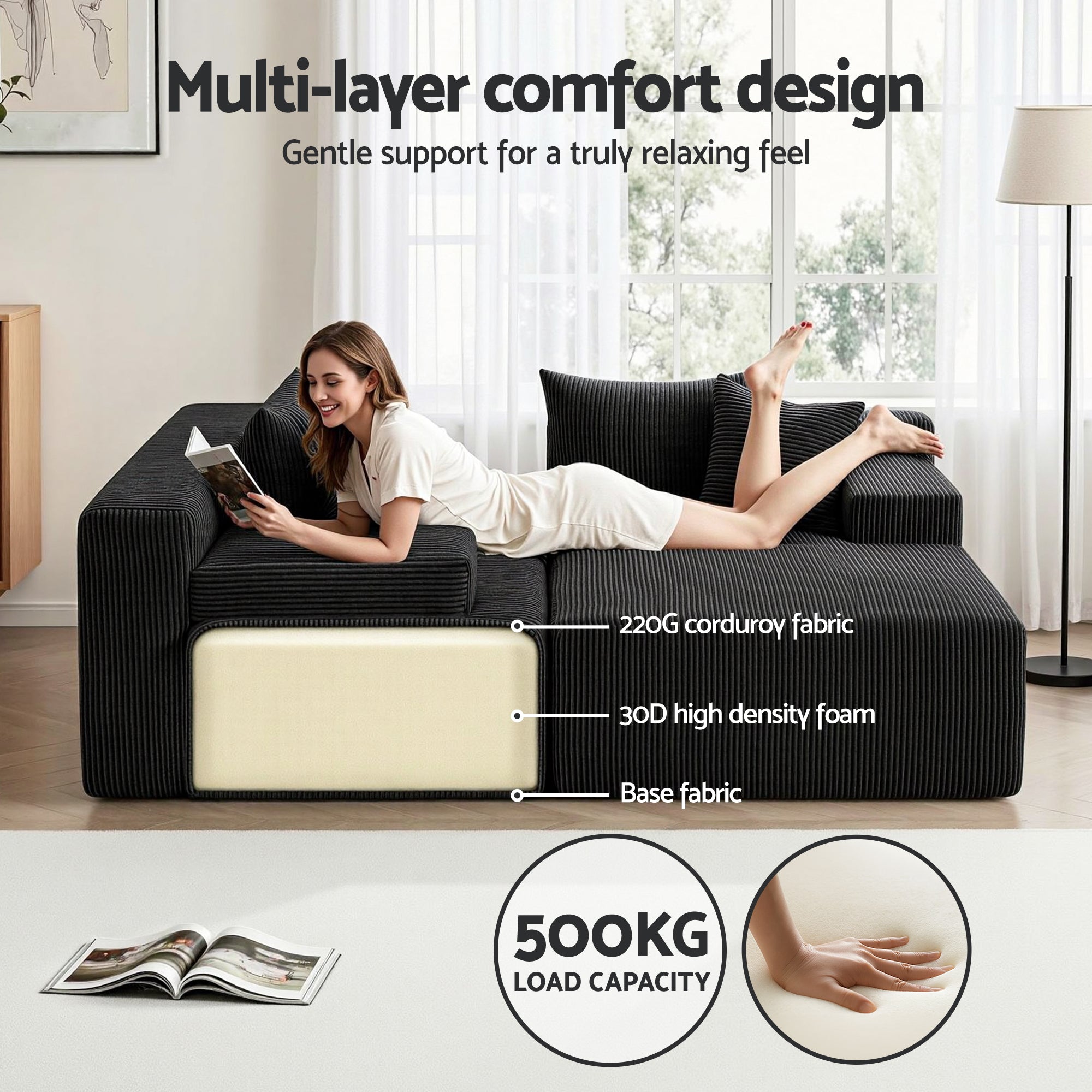 Artiss Modular Sectional Sofa Bed Convertible L-Shaped Couch with Deep Seat for Living Room SB-B-SOFA-L-BK-AB