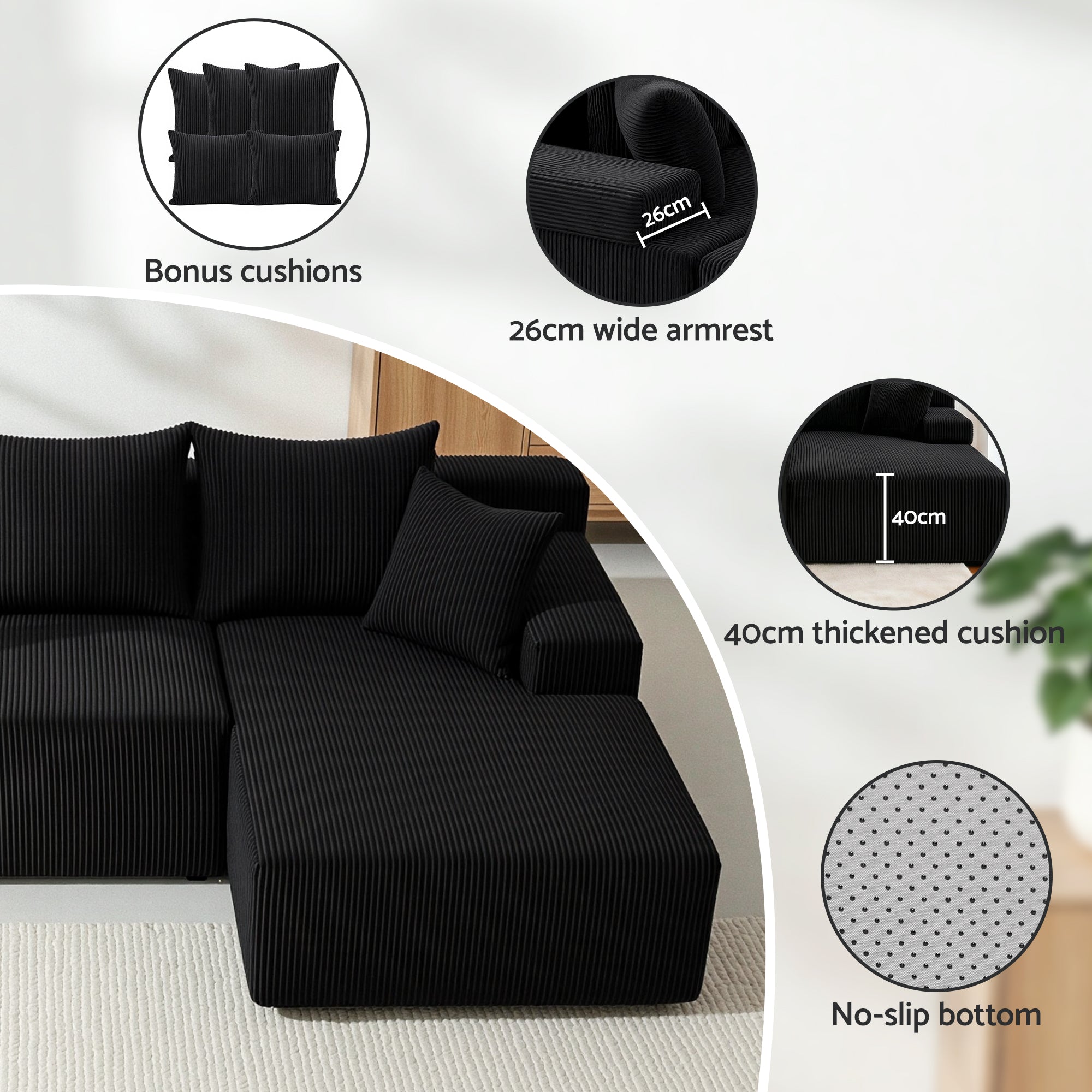 Artiss Modular Sectional Sofa Bed Convertible L-Shaped Couch with Deep Seat for Living Room SB-B-SOFA-L-BK-AB