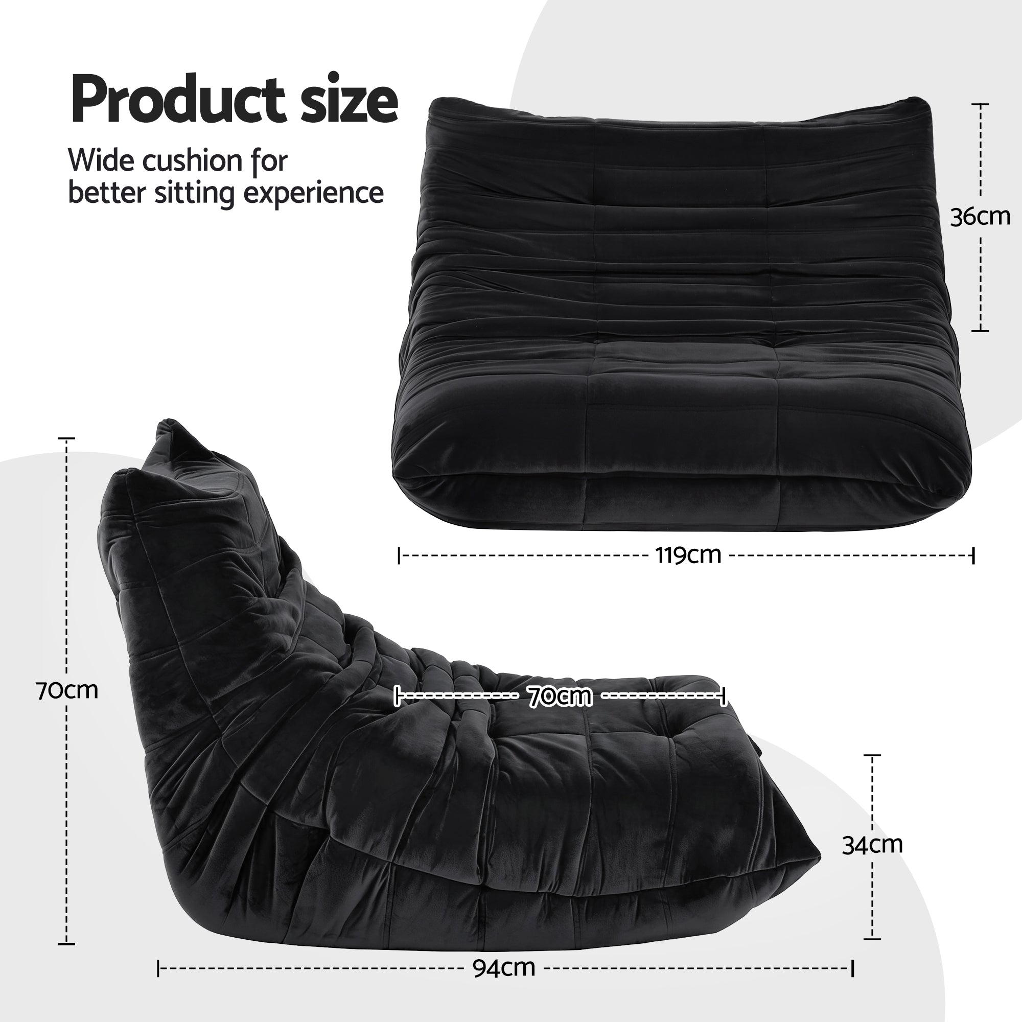 Artiss Lazy Sofa 2 Seaters Accent Caterpillar Chair Floor Couch Armless Lounge SB-B-TWIN-LZSF-BK