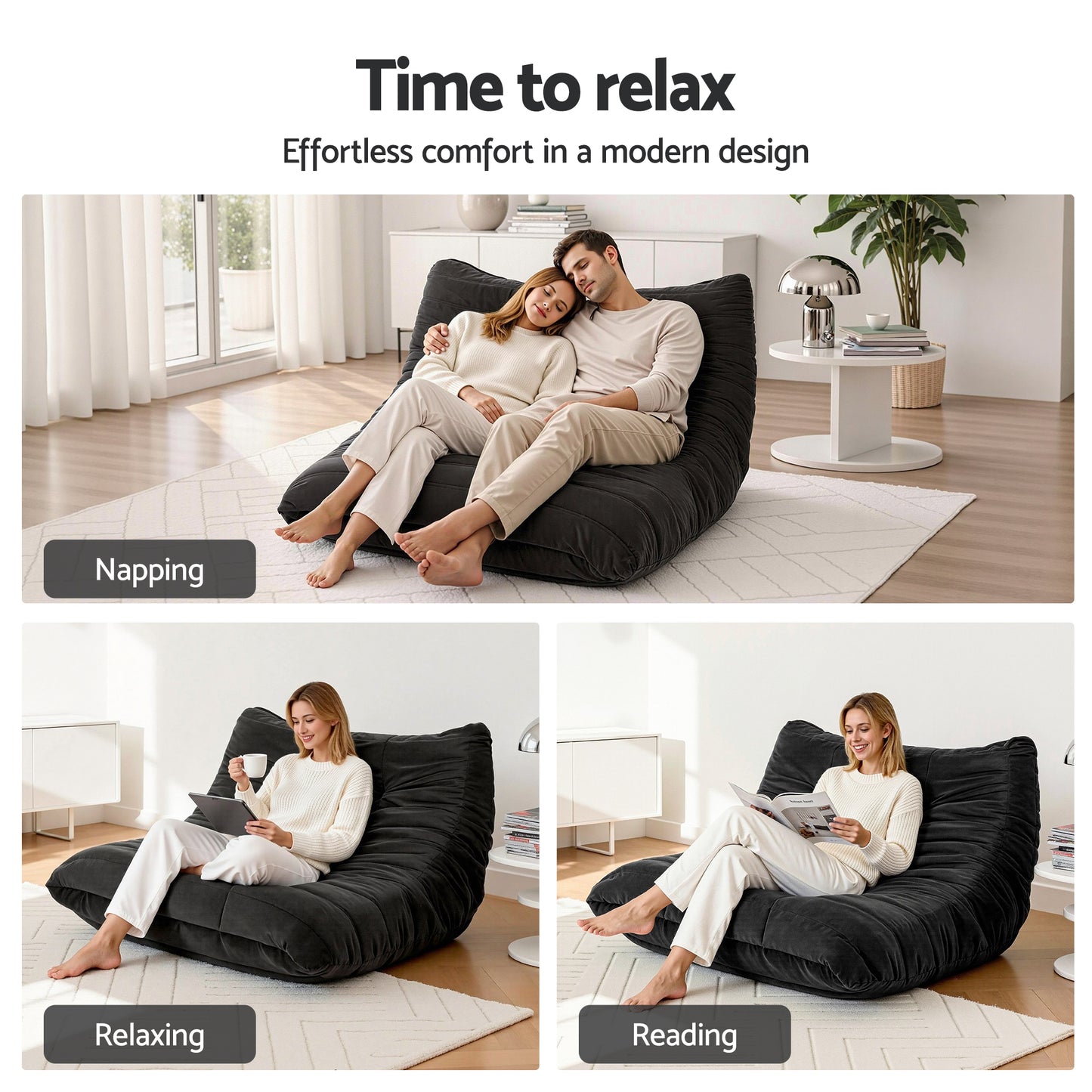 Artiss Lazy Sofa 2 Seaters Accent Caterpillar Chair Floor Couch Armless Lounge SB-B-TWIN-LZSF-BK