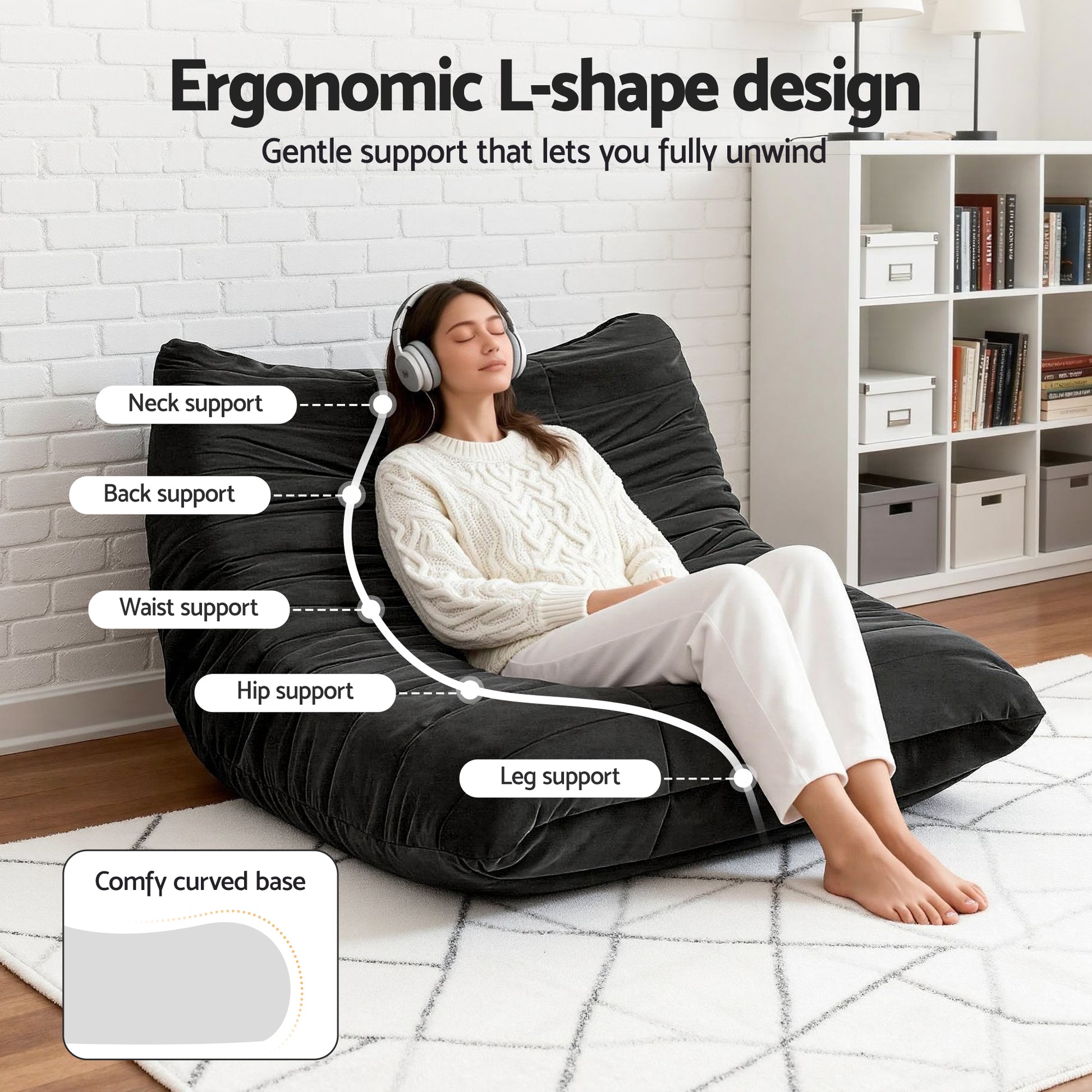 Artiss Lazy Sofa 2 Seaters Accent Caterpillar Chair Floor Couch Armless Lounge SB-B-TWIN-LZSF-BK