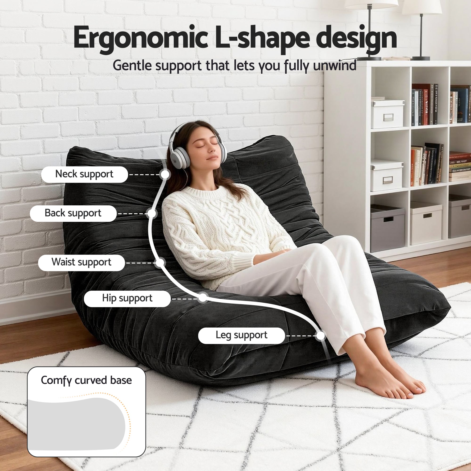 Artiss Lazy Sofa 2 Seaters Accent Caterpillar Chair Floor Couch Armless Lounge SB-B-TWIN-LZSF-BK