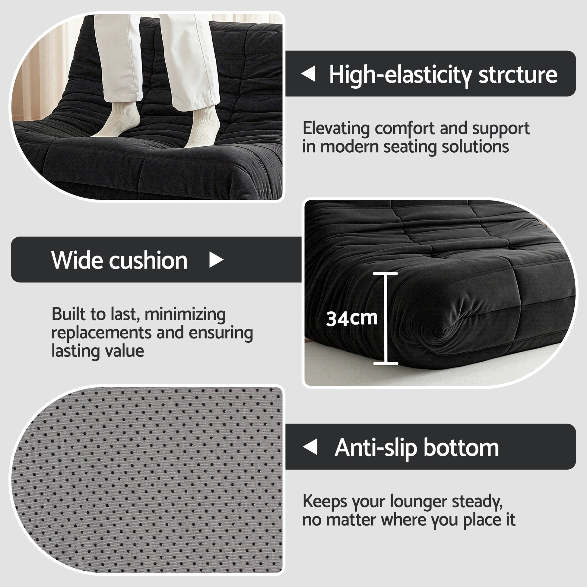 Artiss Lazy Sofa 2 Seaters Accent Caterpillar Chair Floor Couch Armless Lounge SB-B-TWIN-LZSF-BK