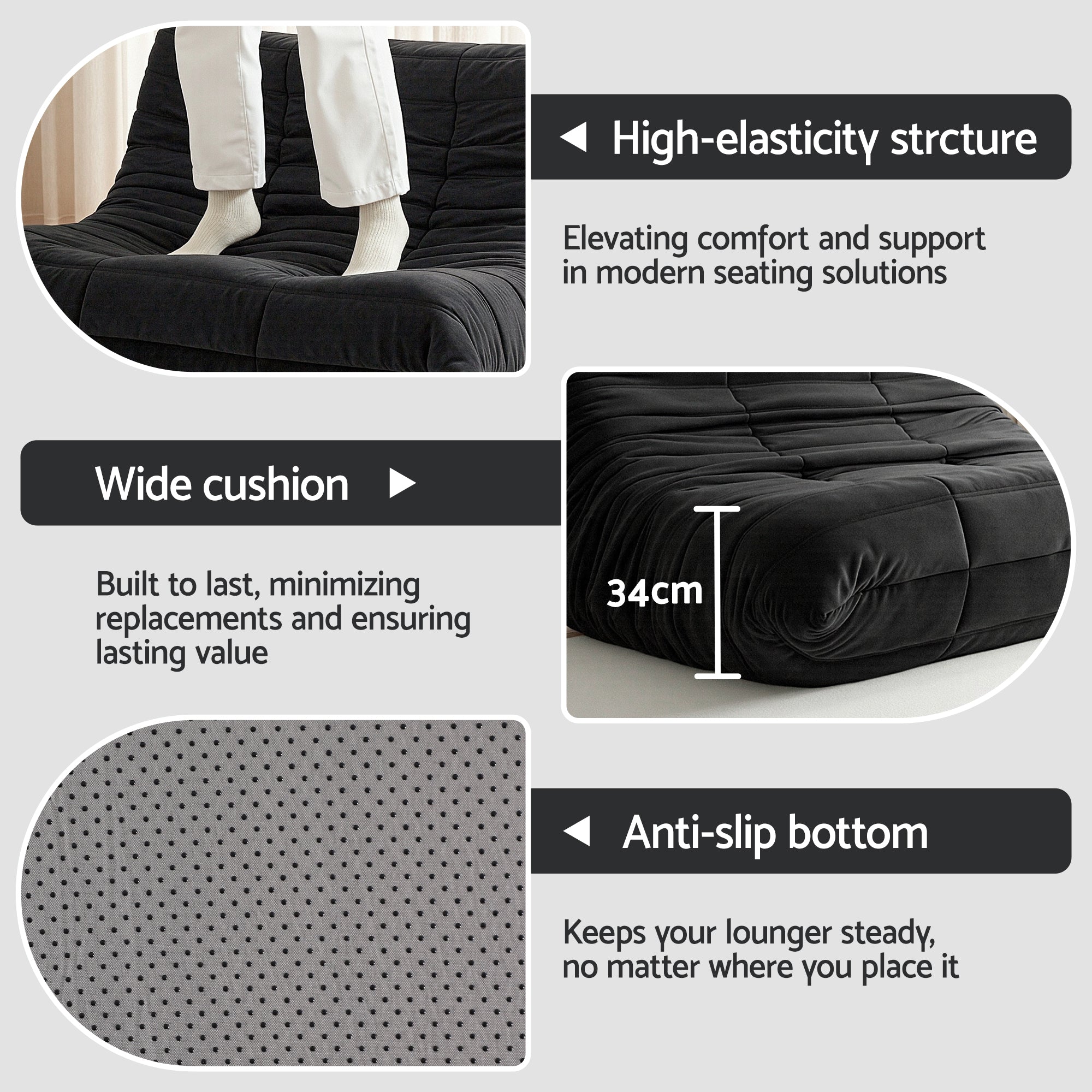 Artiss Lazy Sofa 2 Seaters Accent Caterpillar Chair Floor Couch Armless Lounge SB-B-TWIN-LZSF-BK
