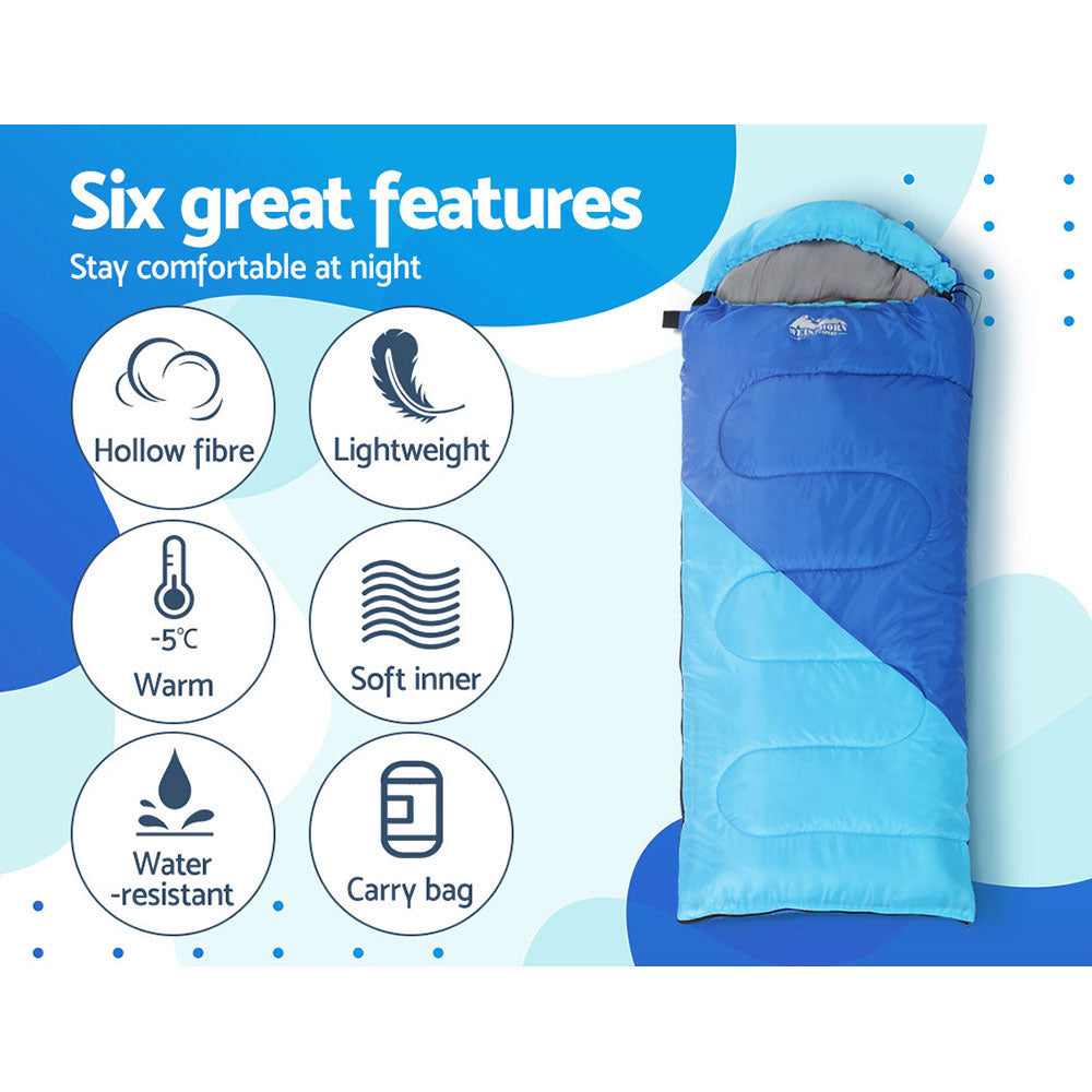 Weisshorn Sleeping Bag Kids Single 172cm Thermal Camping Hiking Blue SB-CHILD-L-BL
