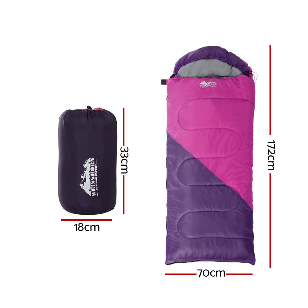 Weisshorn Sleeping Bag Kids Single 172cm Thermal Camping Hiking Pink SB-CHILD-L-PK