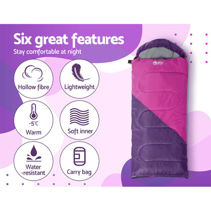 Weisshorn Sleeping Bag Kids Single 172cm Thermal Camping Hiking Pink SB-CHILD-L-PK