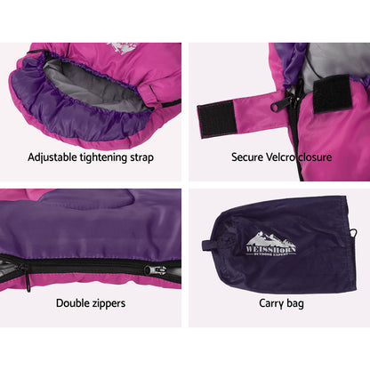 Weisshorn Sleeping Bag Kids Single 172cm Thermal Camping Hiking Pink SB-CHILD-L-PK
