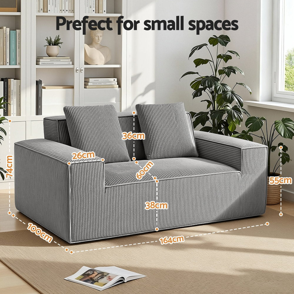Artiss 2 Seater Sofa Loveseat Sofas Bed Couch No Assembly Corduroy Small Couches Apartement SB-COMP-CHA-GY