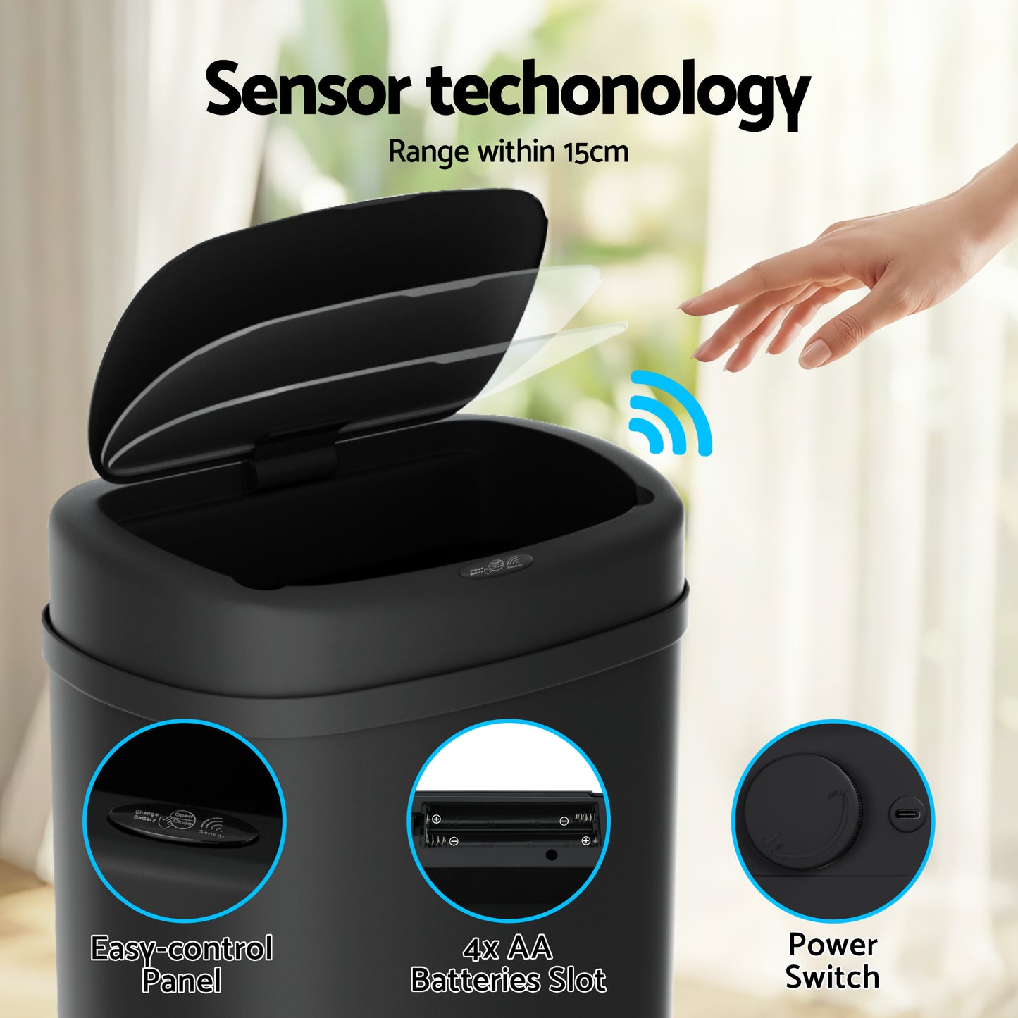 Devanti 50L Sensor Bin Motion Rubbish Automatic Black SB-D-50-BK