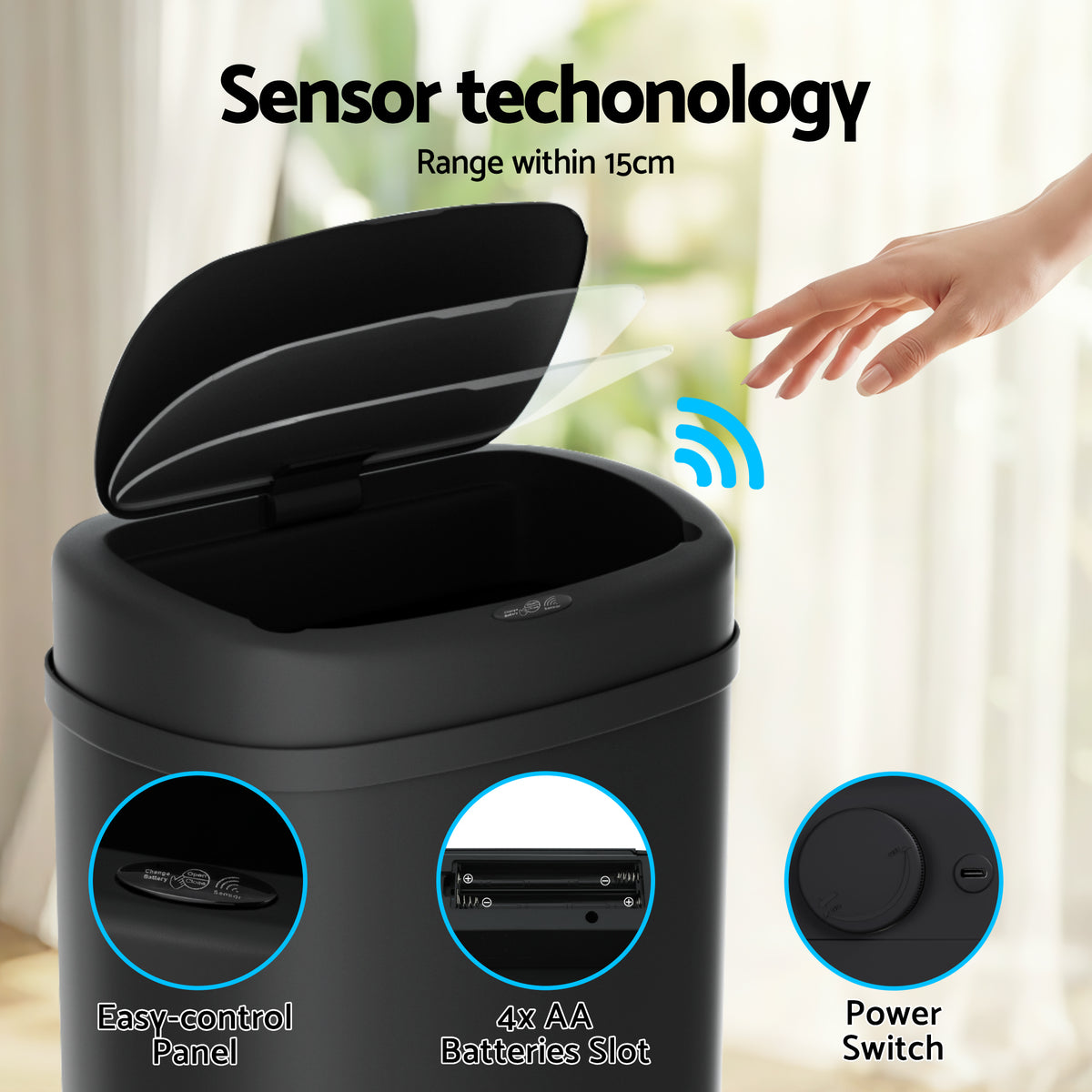 Devanti 50L Sensor Bin Motion Rubbish Automatic Black