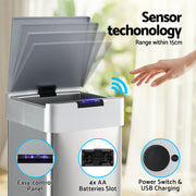 Devanti 50L Motion Sensor Bin Rubbish Bins Kitchen Automatic Trash Can Silver SB-D-50-K250-SI