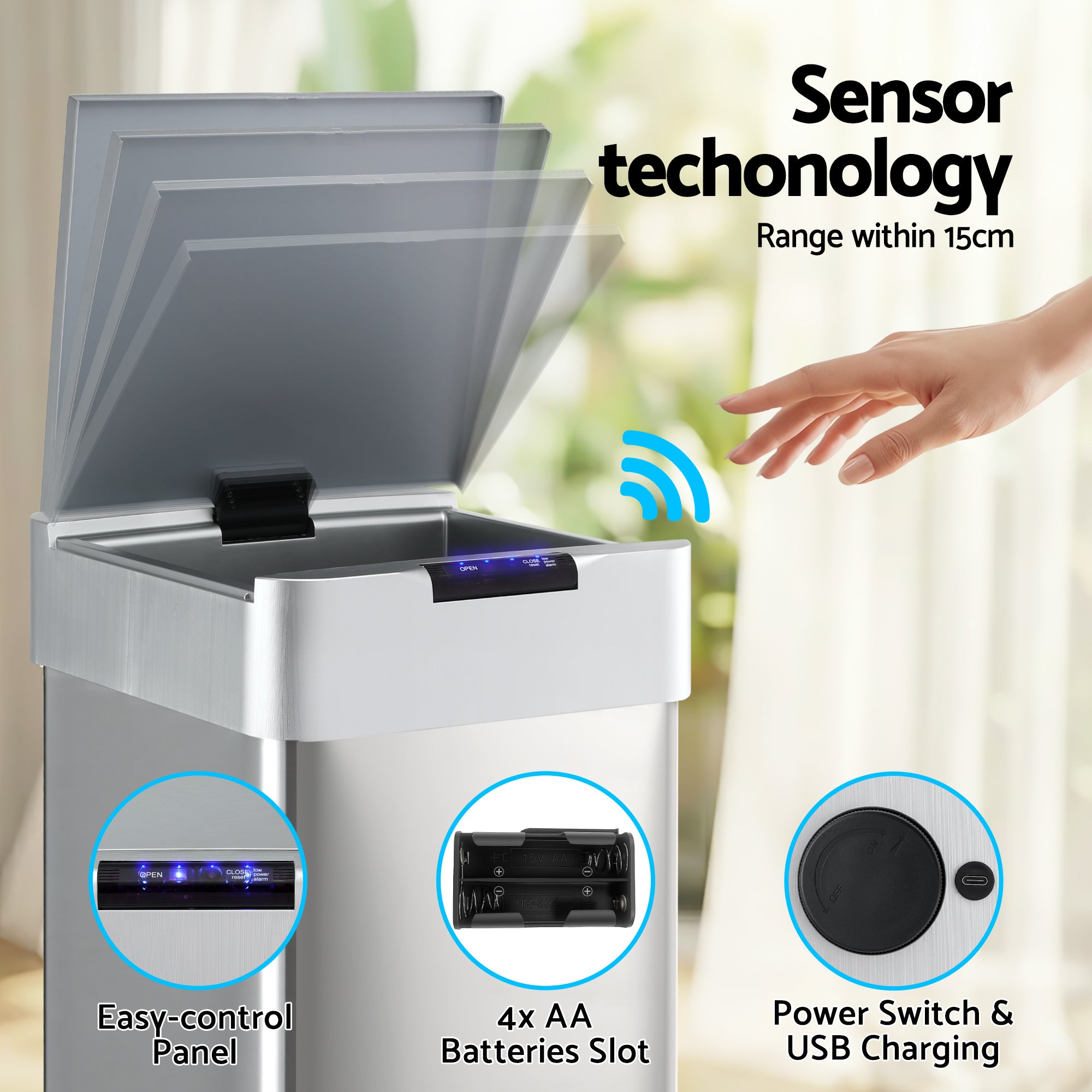 Devanti 50L Motion Sensor Bin Rubbish Bins Kitchen Automatic Trash Can Silver SB-D-50-K250-SI