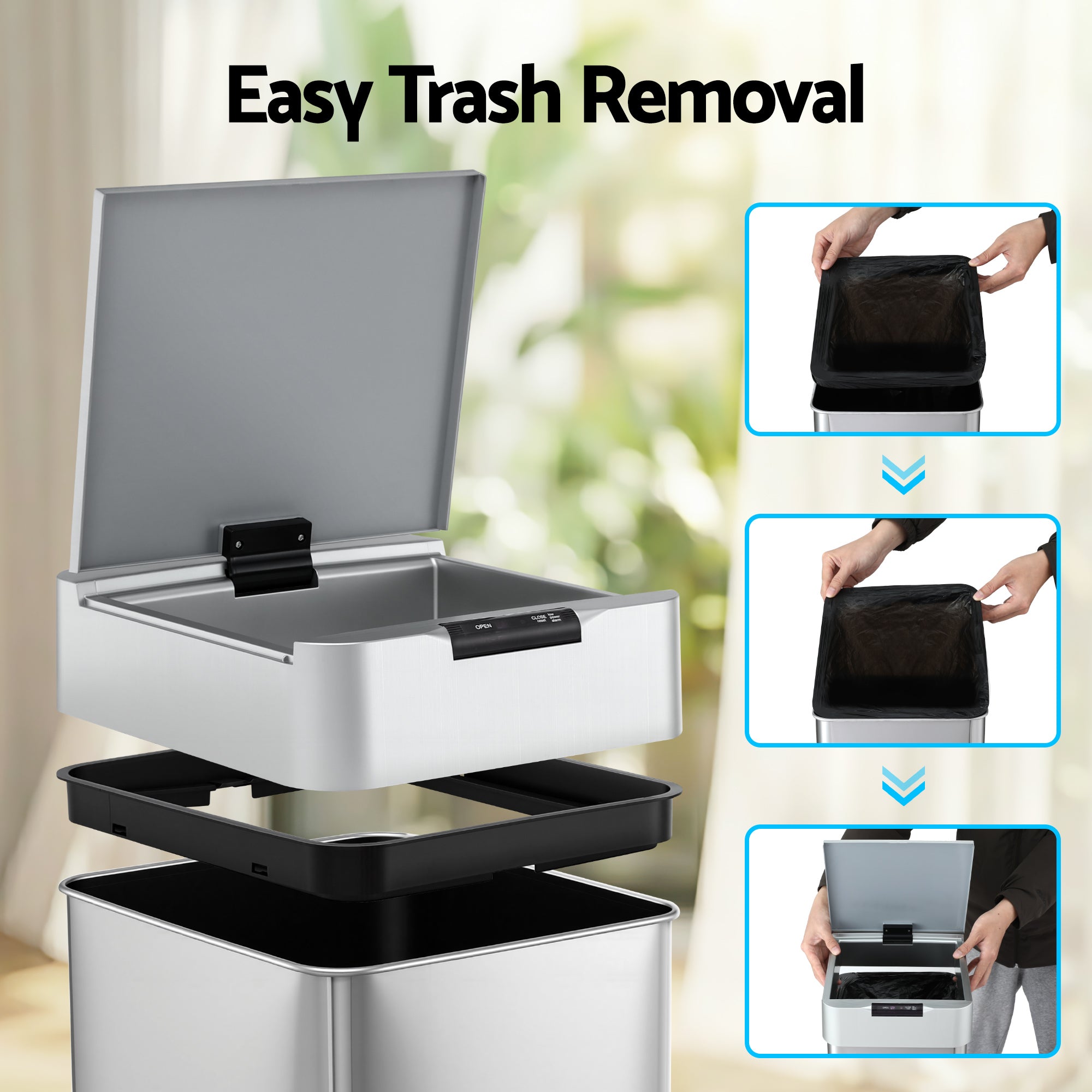 Devanti 50L Motion Sensor Bin Rubbish Bins Kitchen Automatic Trash Can Silver SB-D-50-K250-SI